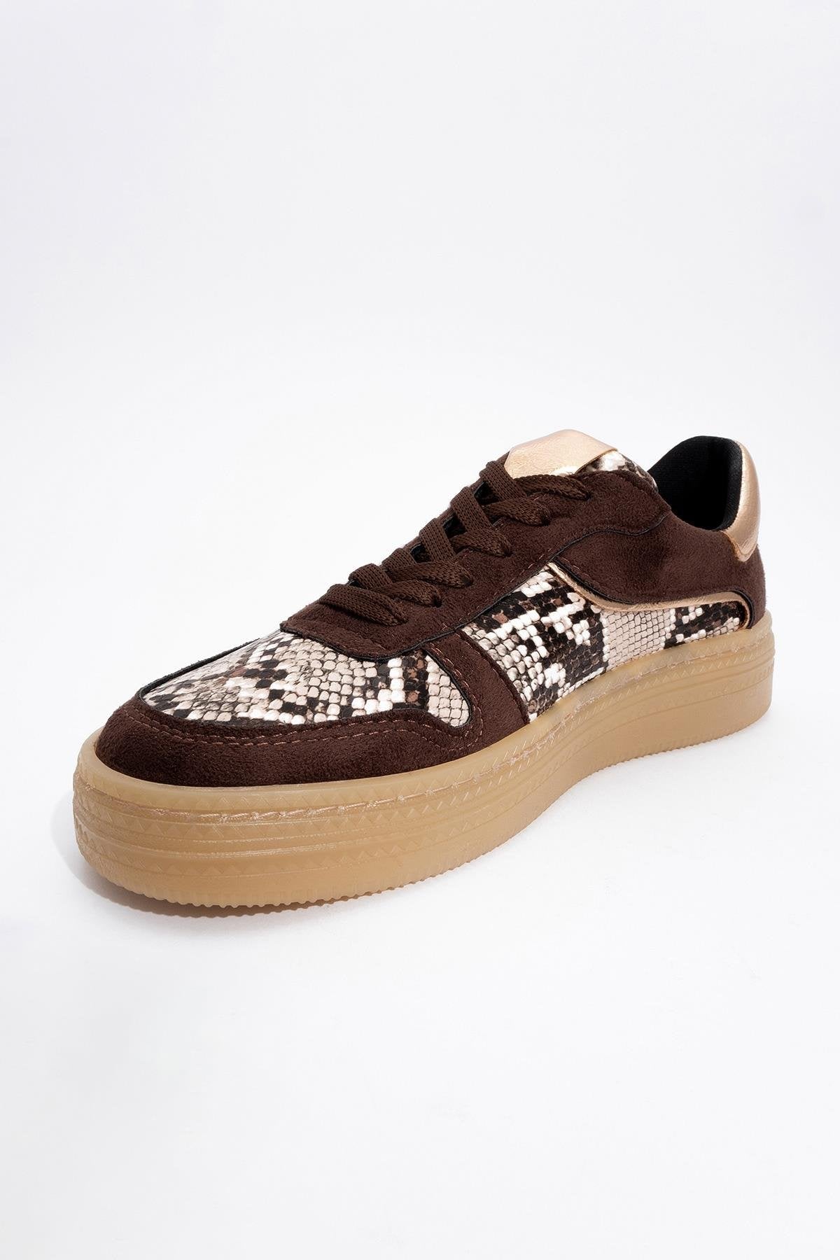 Montero - Brown Patterned Sneaker – heel view showing leather, Vowalisse