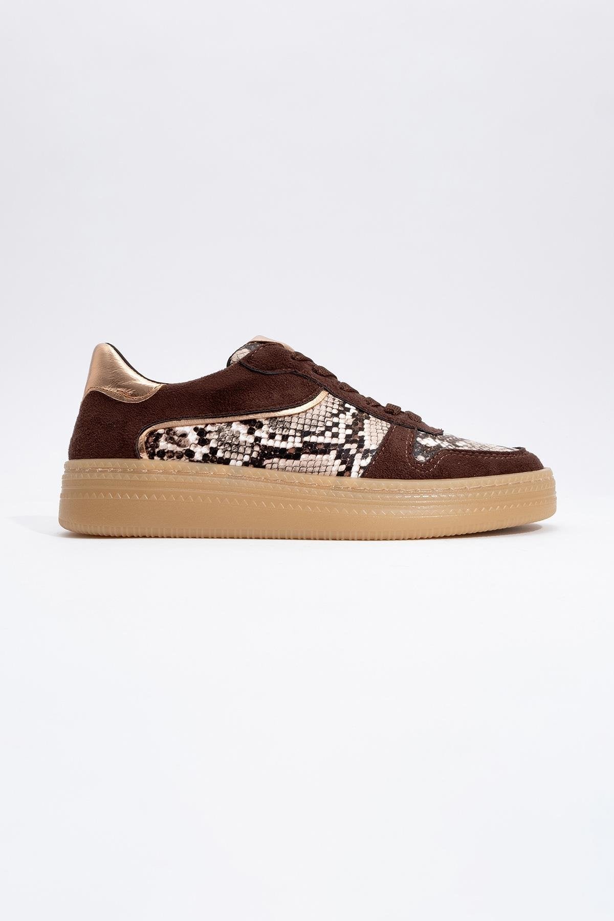Montero - Brown Patterned Sneaker – back view showing leather, Vowalisse
