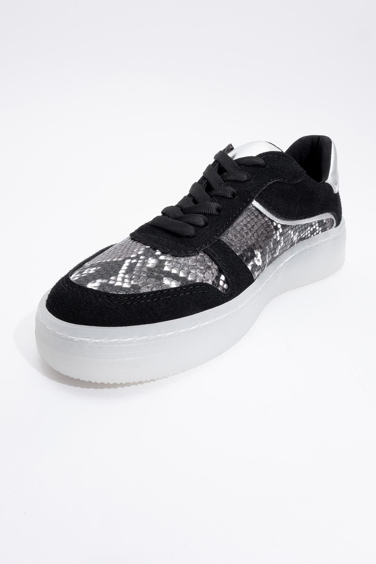 Montero - Black Patterned Sneaker – detail view showing leather, black, Vowalisse