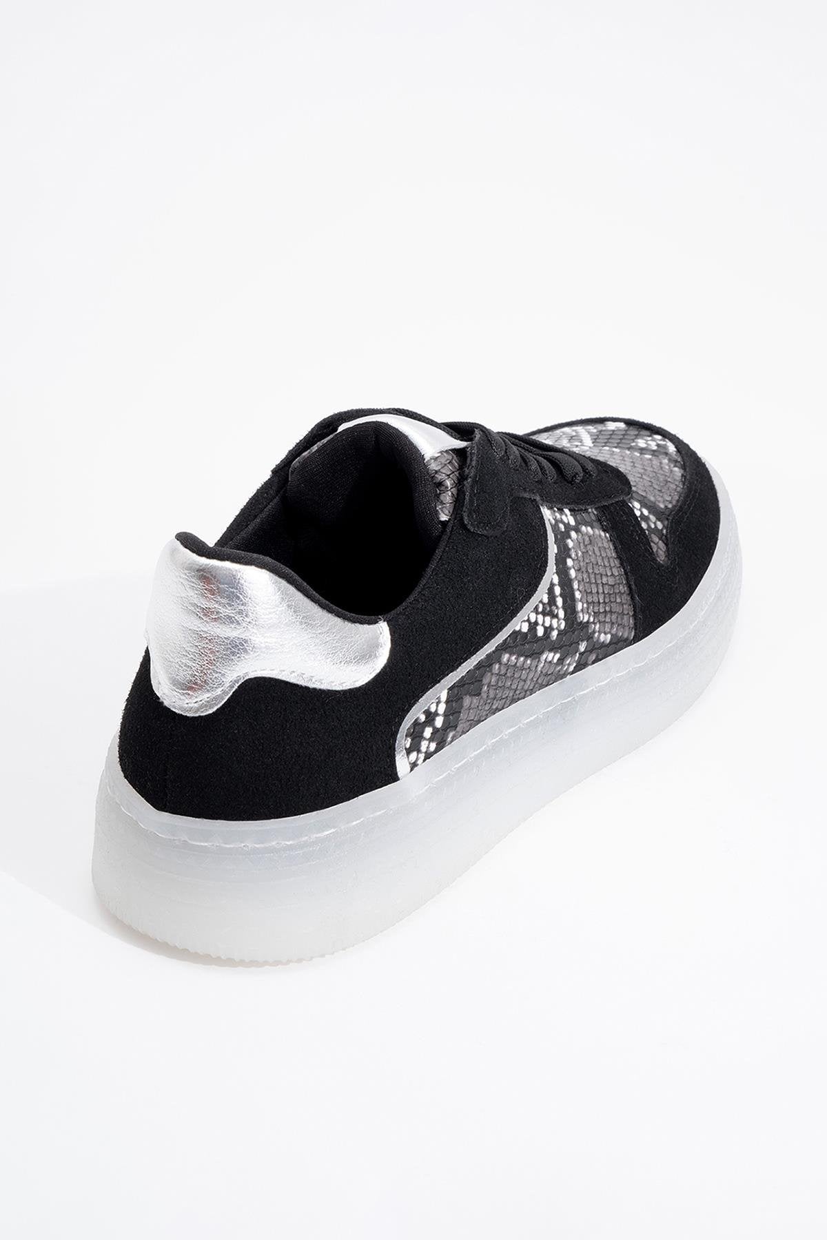 Montero - Black Patterned Sneaker – heel view showing leather, black, Vowalisse