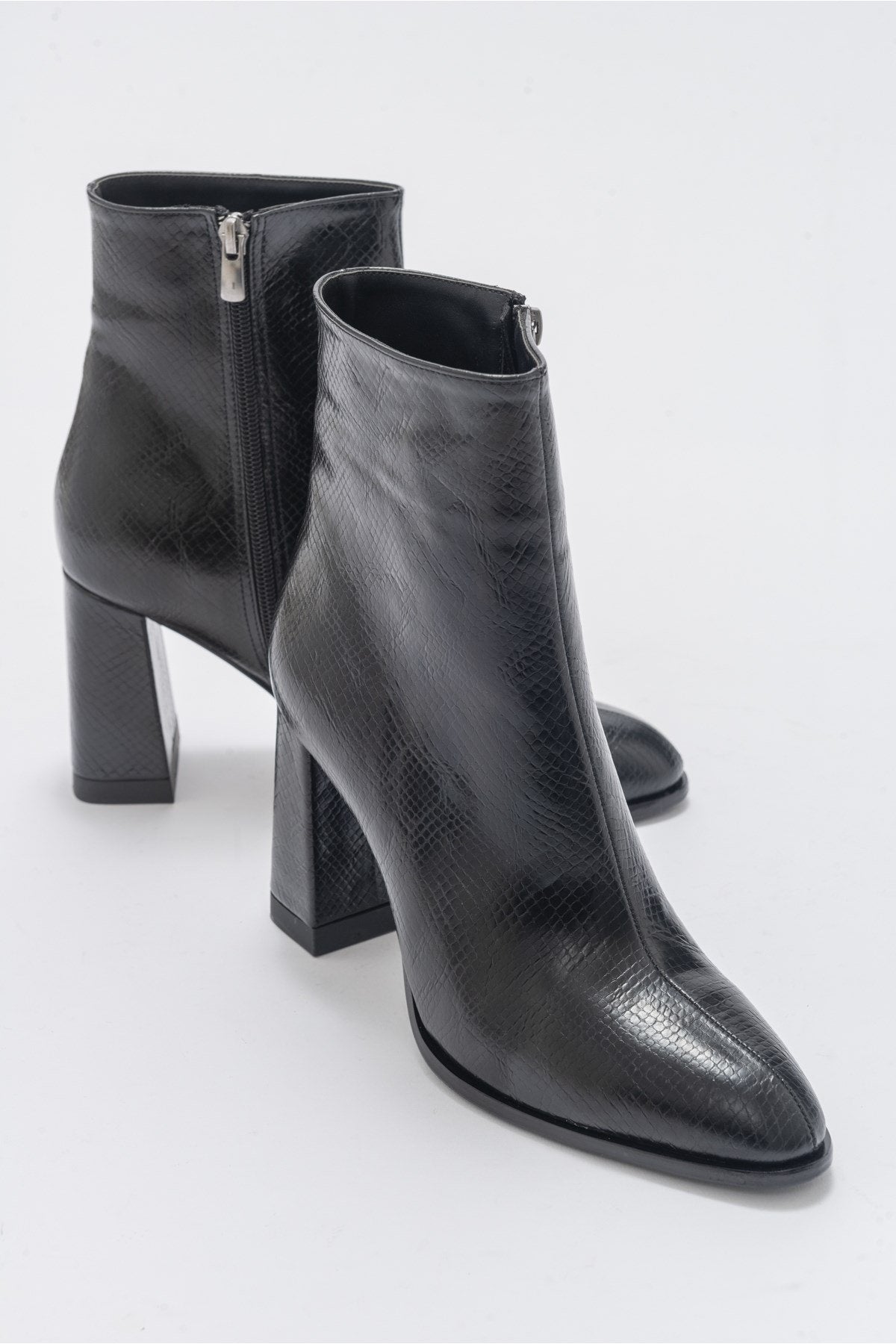 Jewel Black Pattern High Heel Boot – front three-quarter view showing leather, black, red, Vowalisse