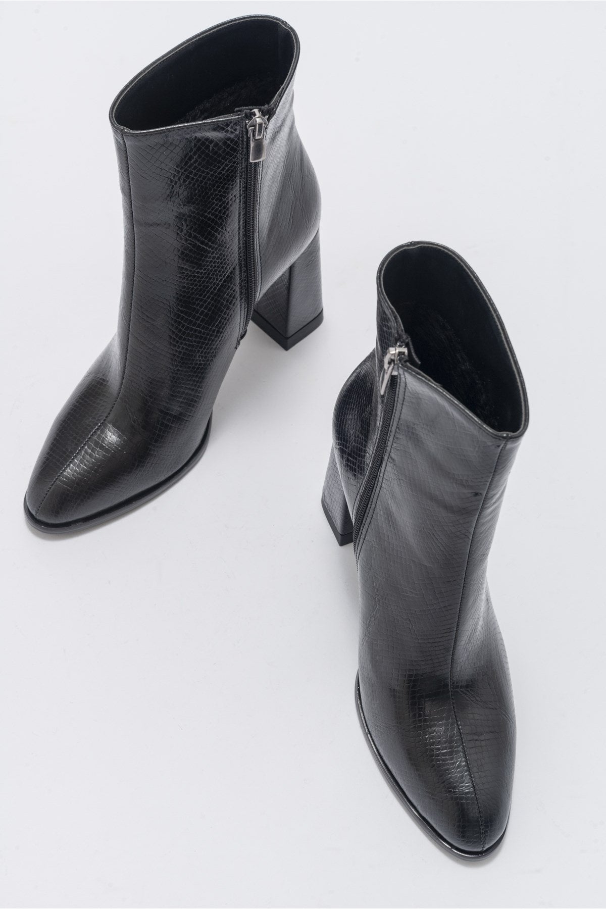 Jewel Black Pattern High Heel Boot – back view showing leather, black, red, Vowalisse
