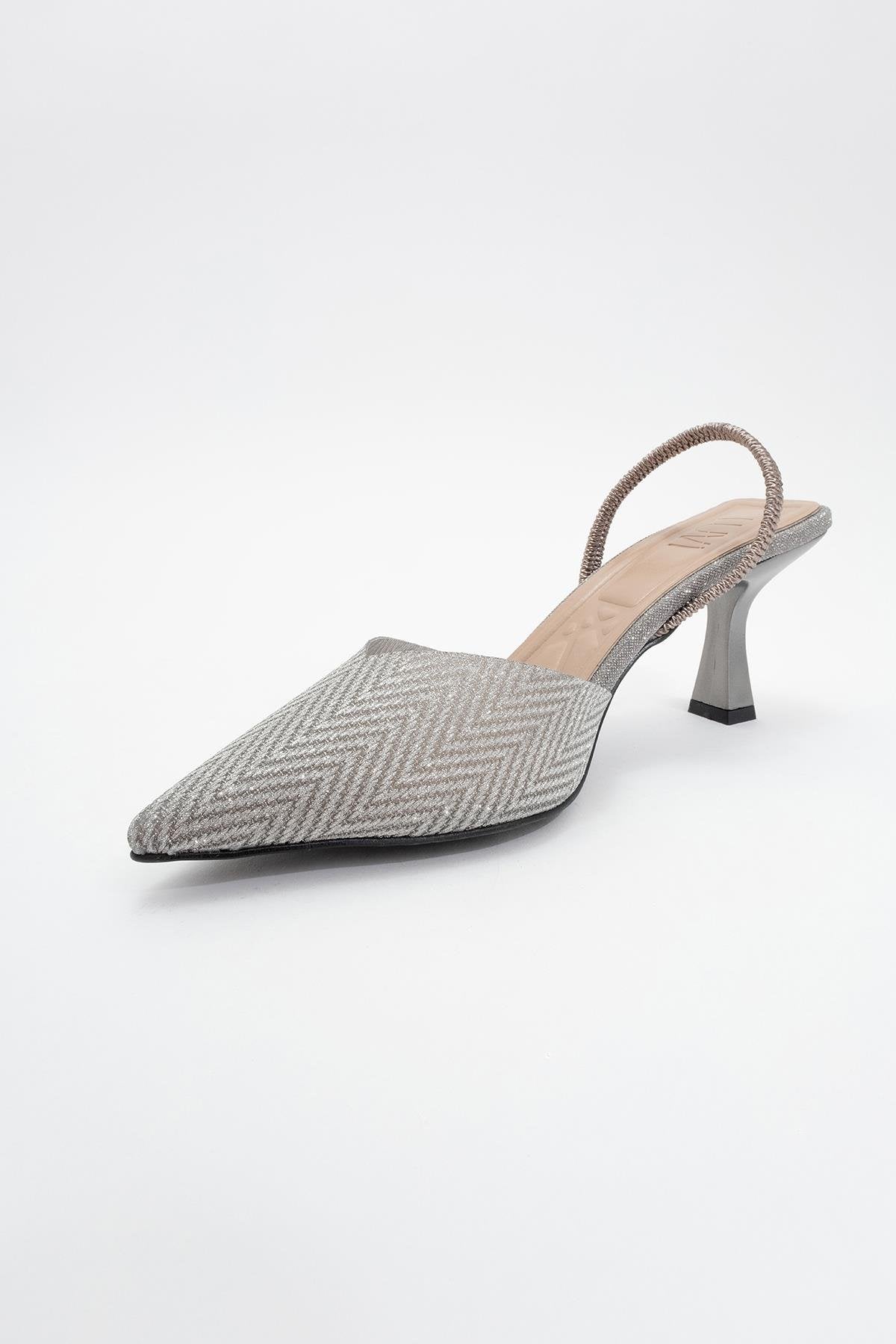 Renos - Platinum Pointed Toe Heeled Dress Shoe – heel view showing leather, Vowalisse