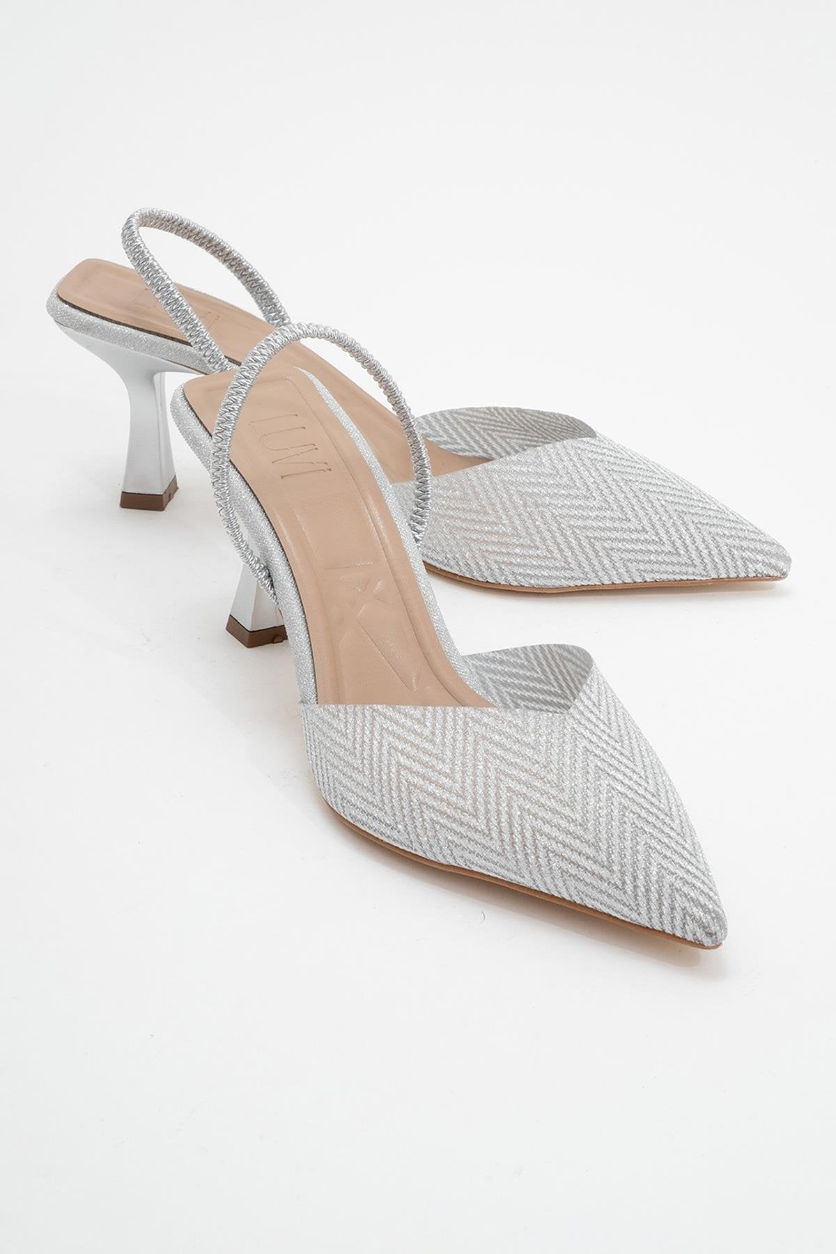 Renos - Silver Glitter Pointed Toe Dress Pump – front three-quarter view showing leather, glitter, silver, Vowalisse