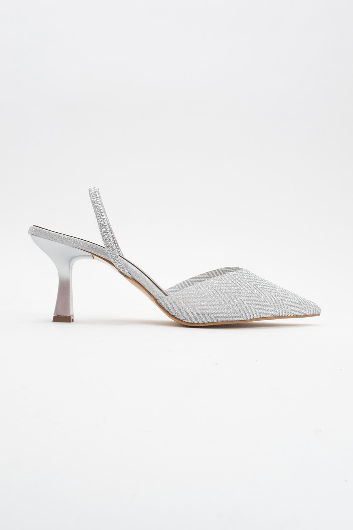 Renos - Silver Glitter Pointed Toe Dress Pump – back view showing leather, glitter, silver, Vowalisse