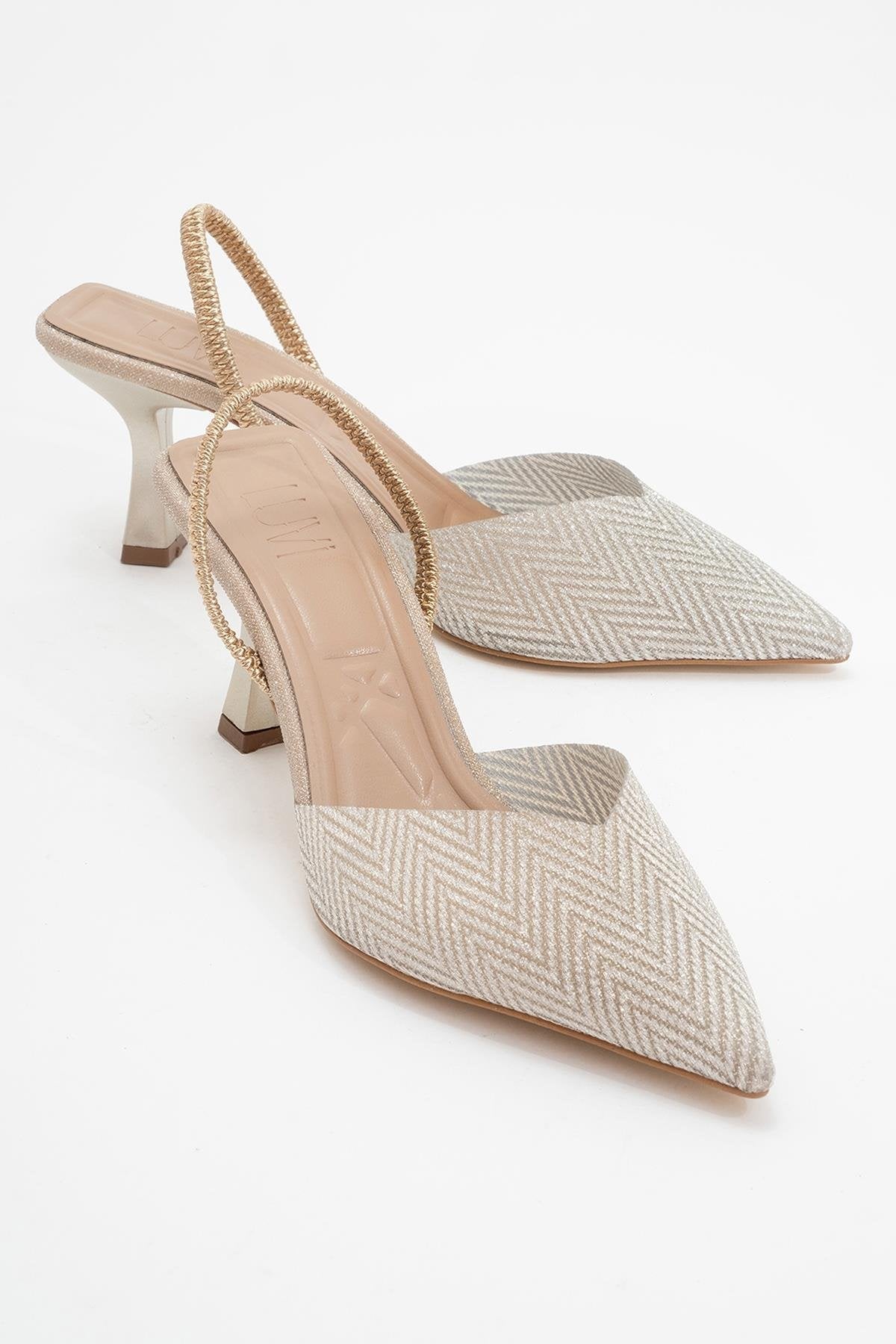 Renos - Gold Glitter Pointed Toe Dress Pump – front three-quarter view showing leather, glitter, gold, Vowalisse