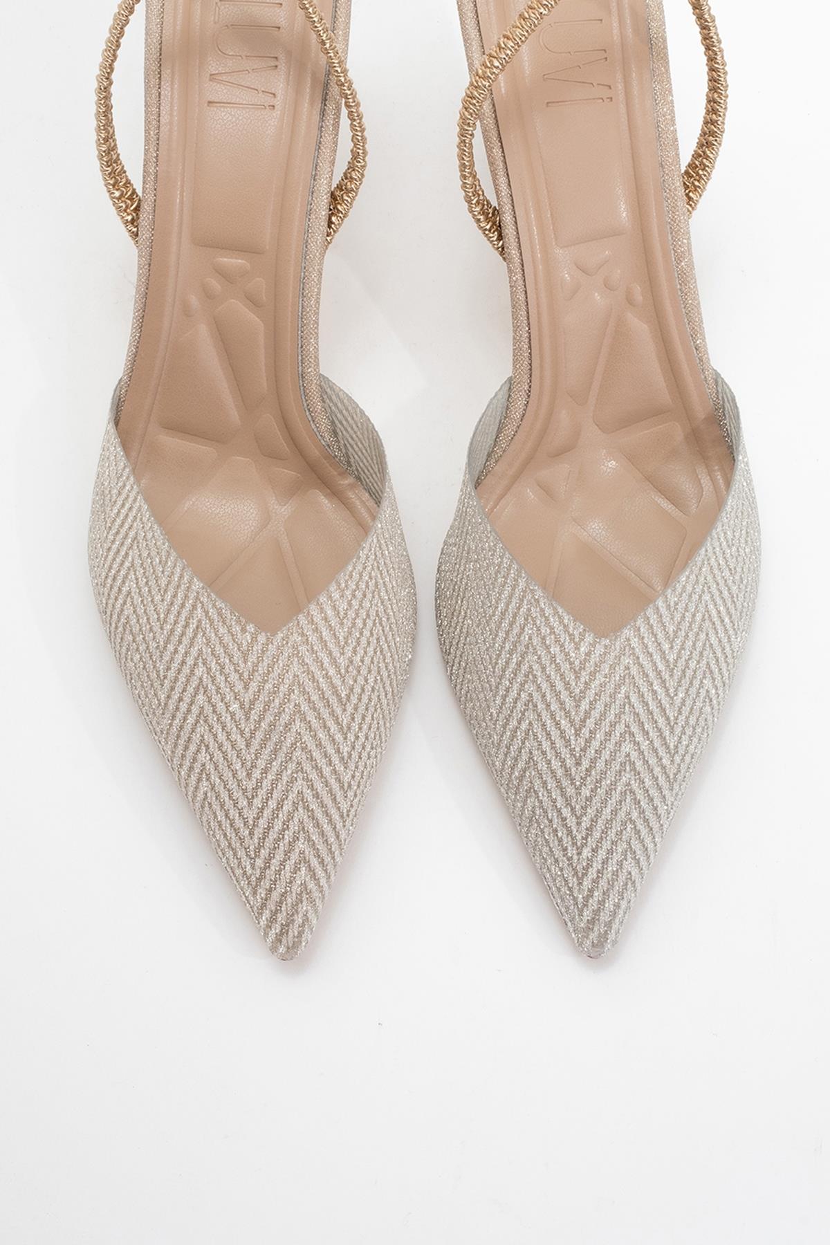 Renos - Gold Glitter Pointed Toe Dress Pump – side view showing leather, glitter, gold, Vowalisse
