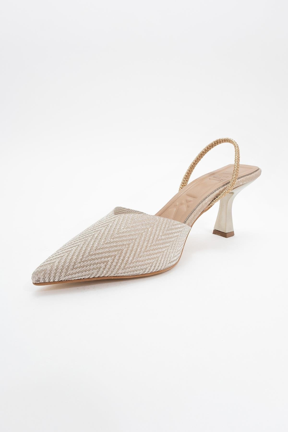 Renos - Gold Glitter Pointed Toe Dress Pump – heel view showing leather, glitter, gold, Vowalisse