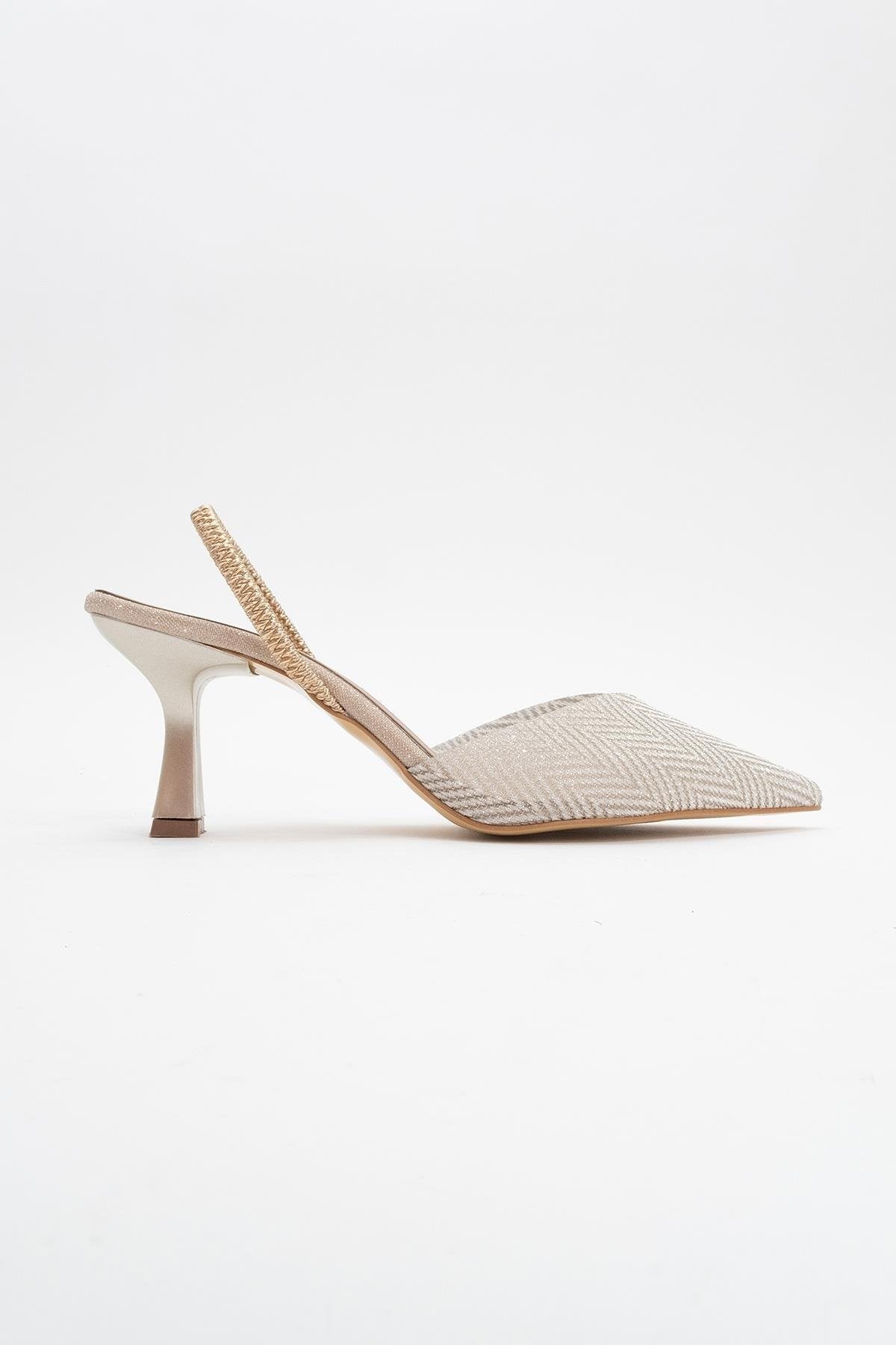 Renos - Gold Glitter Pointed Toe Dress Pump – back view showing leather, glitter, gold, Vowalisse