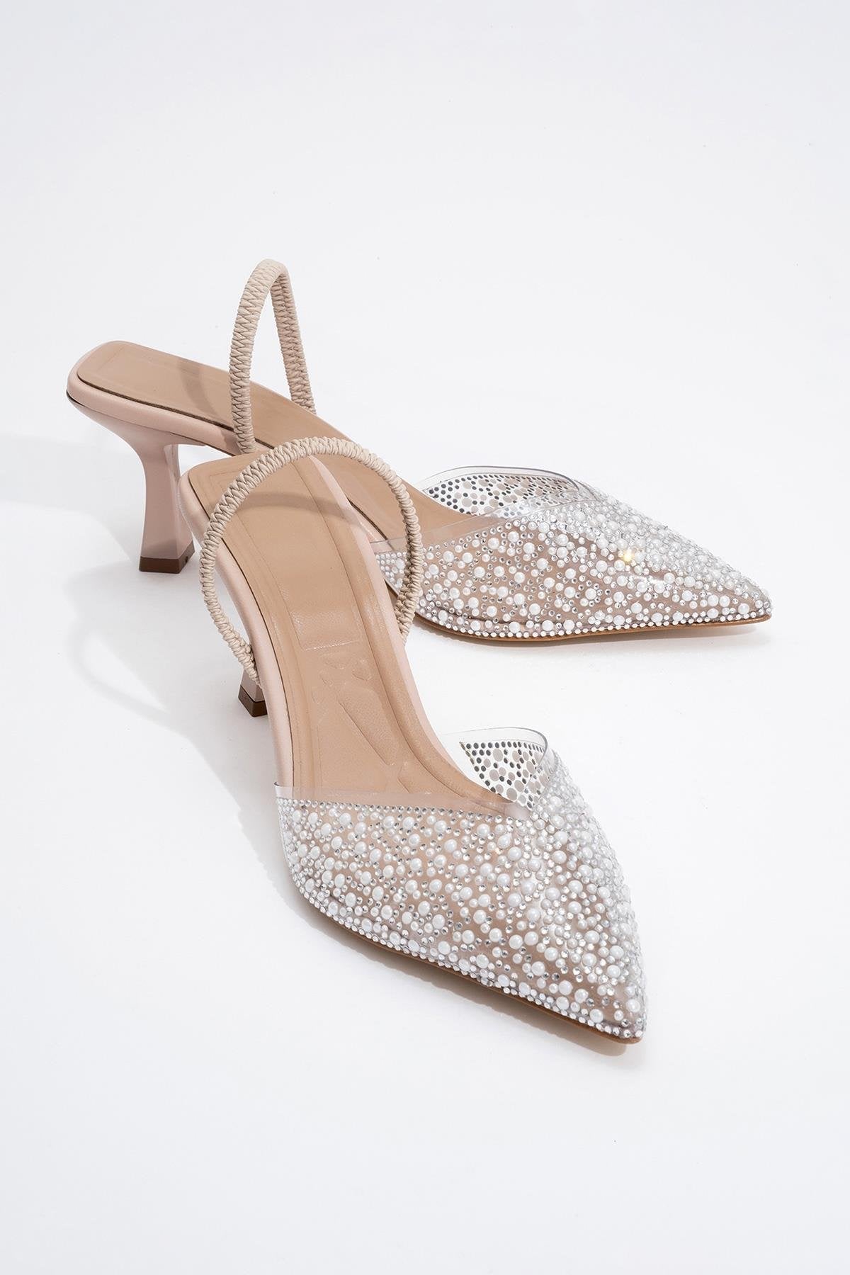 Whena - Clear Slingback Kitten Heels with Embellishments – front three-quarter view showing pearl, leather, nude, Vowalisse