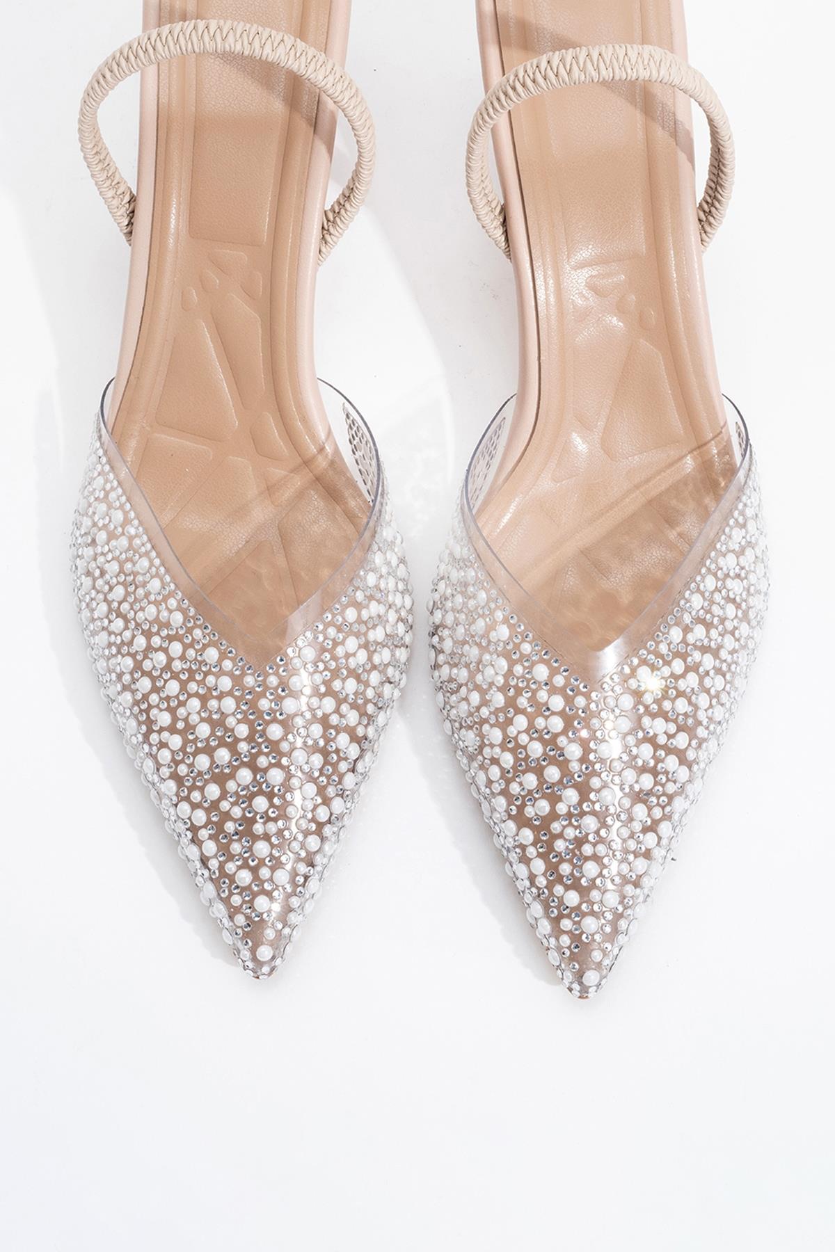 Whena - Clear Slingback Kitten Heels with Embellishments – side view showing pearl, leather, nude, Vowalisse