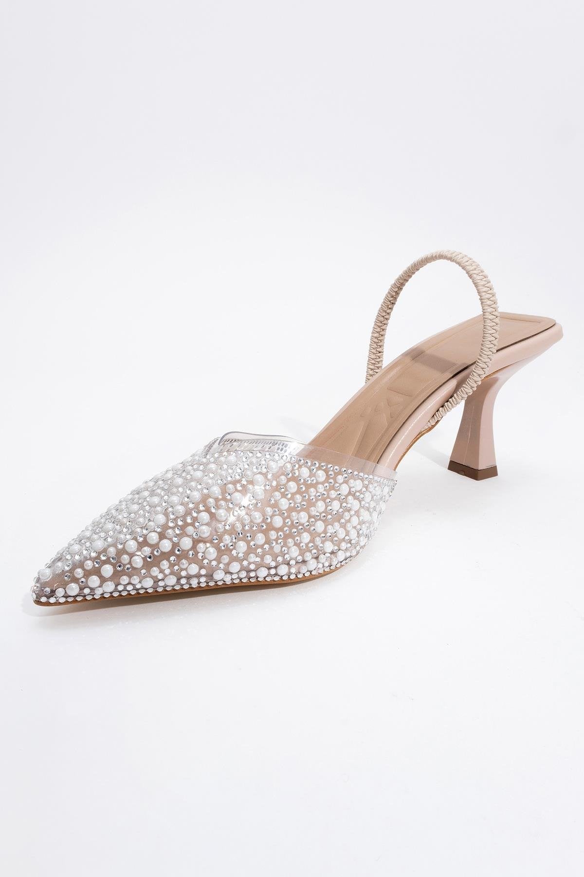 Whena - Clear Slingback Kitten Heels with Embellishments – detail view showing pearl, leather, nude, Vowalisse