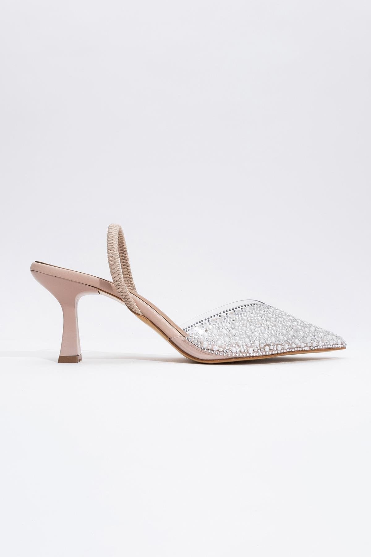 Whena - Clear Slingback Kitten Heels with Embellishments – back view showing pearl, leather, nude, Vowalisse