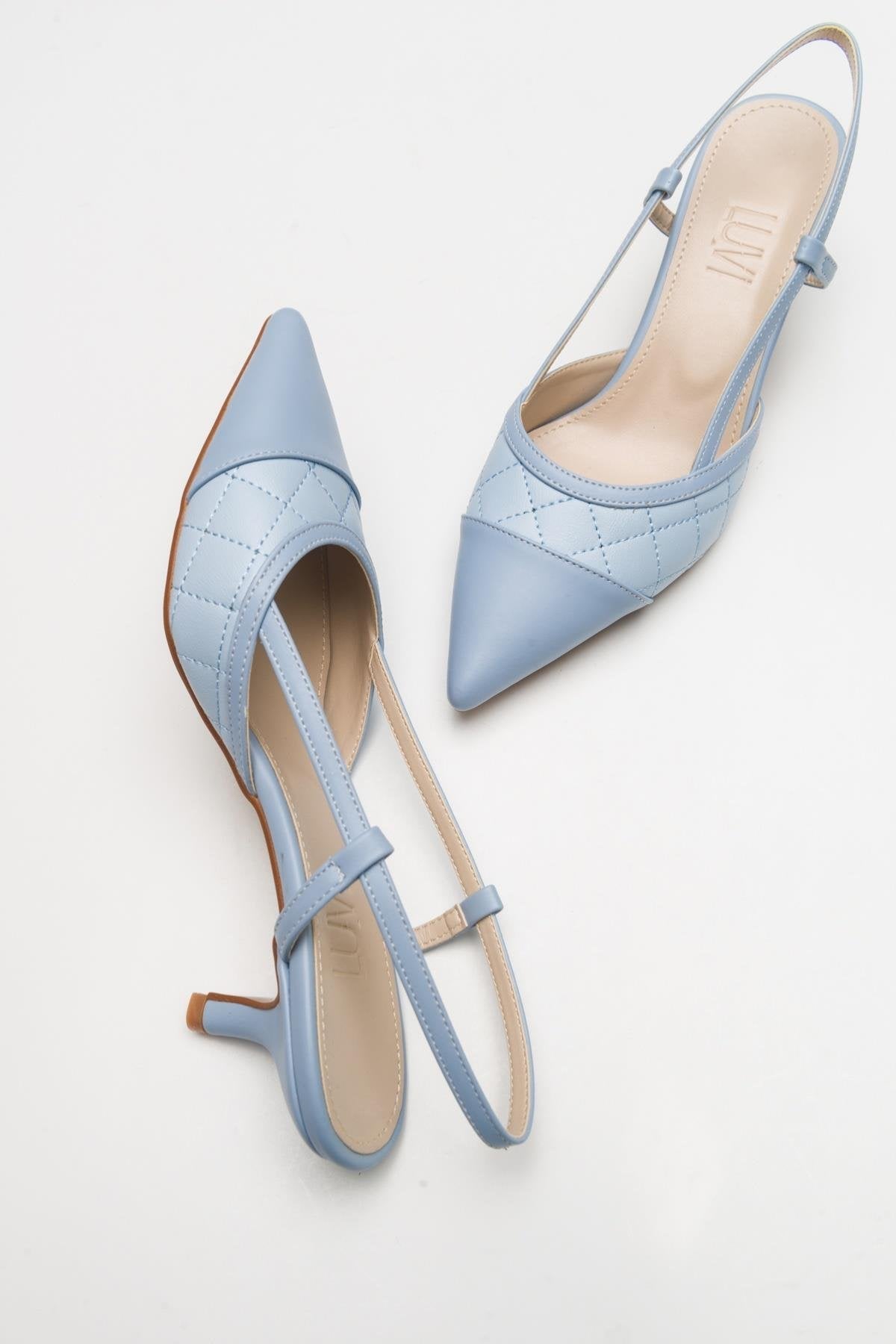 Point - Baby Blue Heeled Shoe – front three-quarter view showing leather, blue, Vowalisse