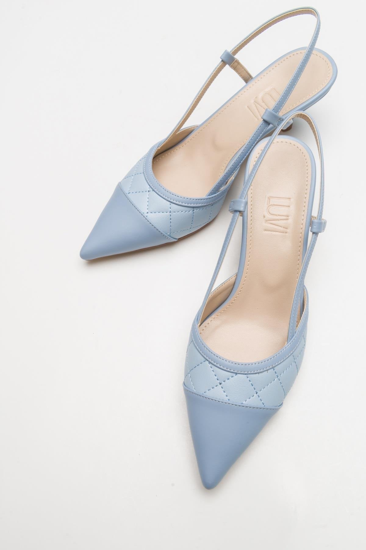 Point - Baby Blue Heeled Shoe – detail view showing leather, blue, Vowalisse