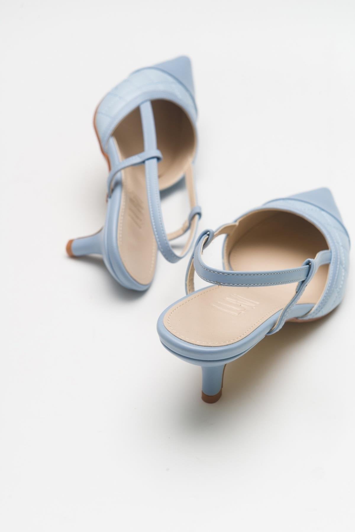 Point - Baby Blue Heeled Shoe – heel view showing leather, blue, Vowalisse