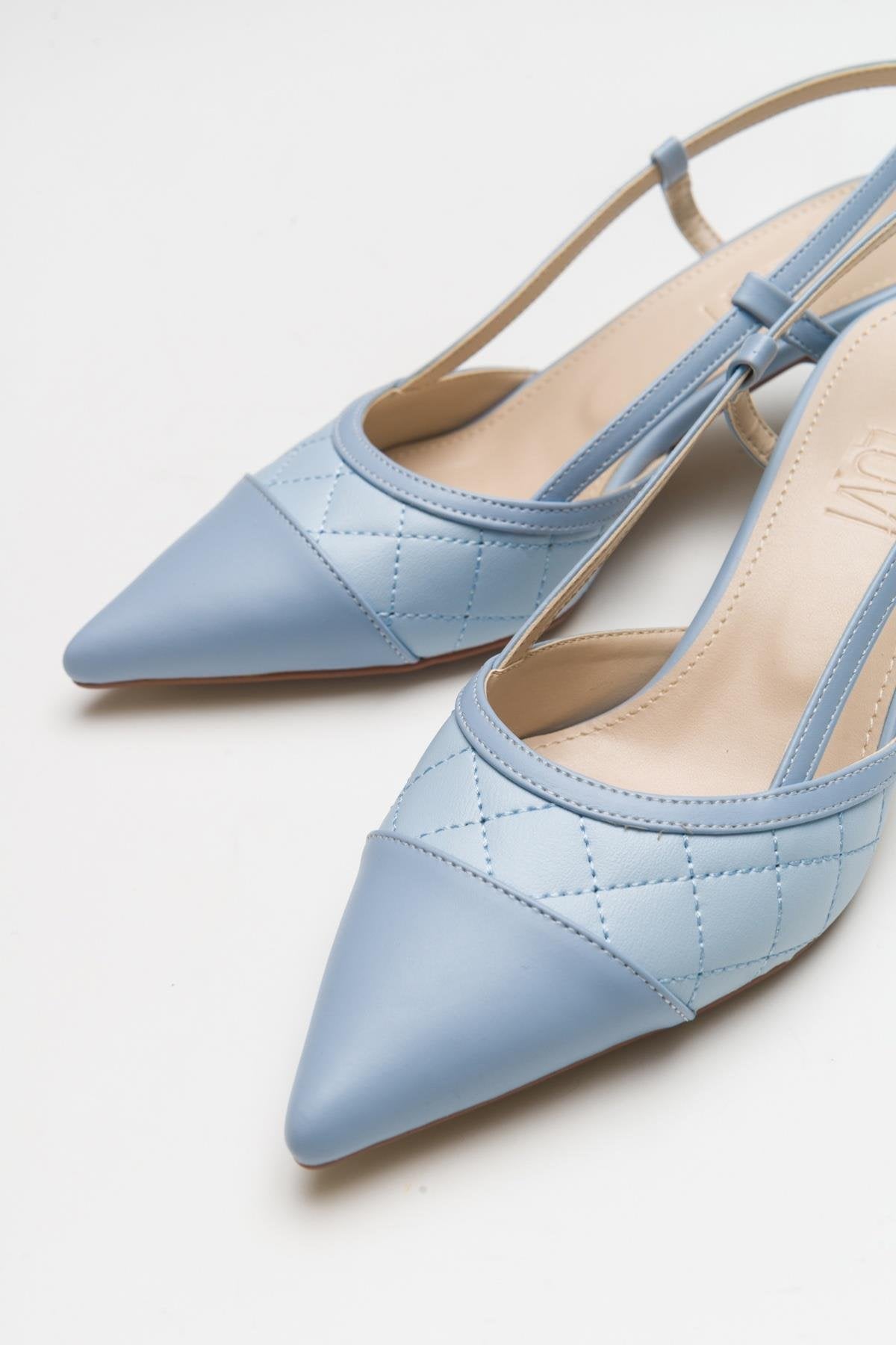 Point - Baby Blue Heeled Shoe – back view showing leather, blue, Vowalisse