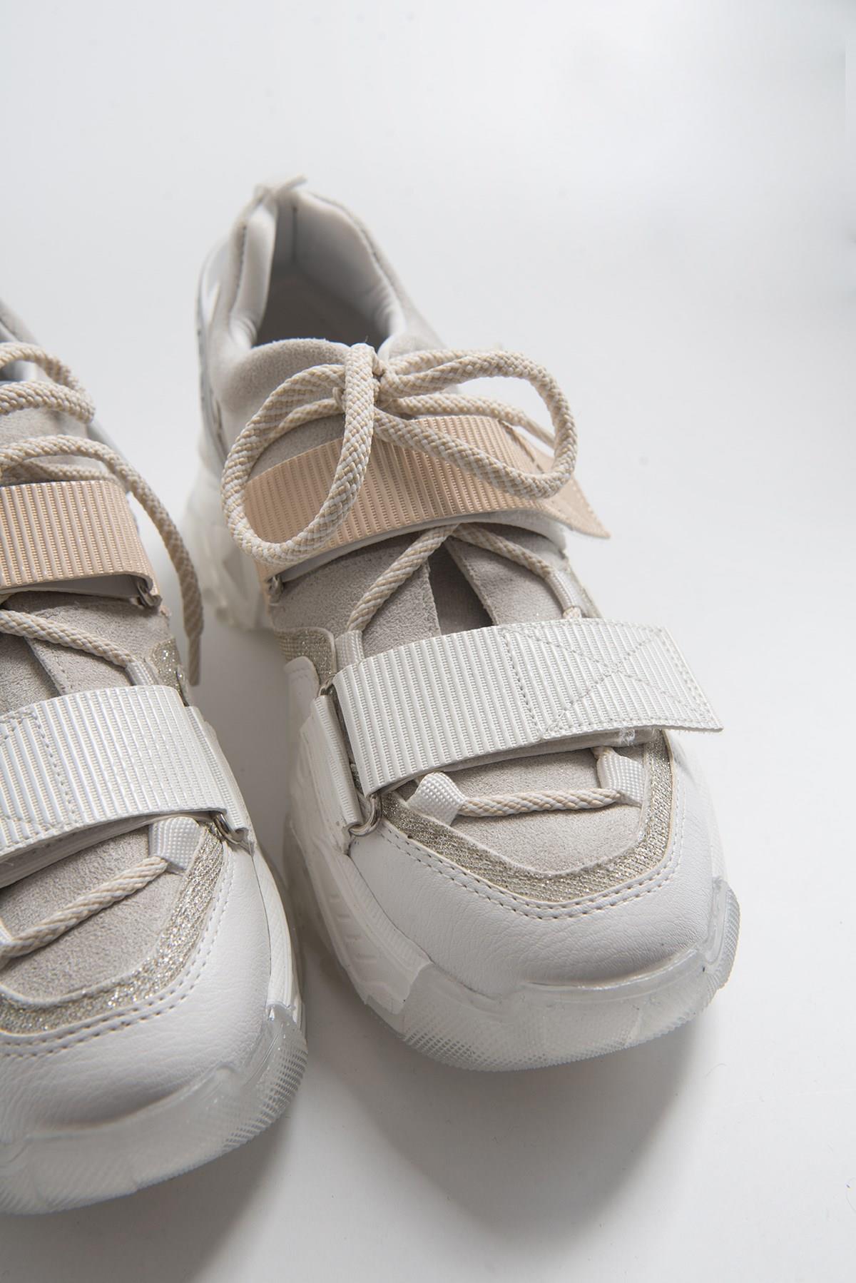 Lulen - White Glitter-Logo Velcro Sport Sneaker – side view showing leather, glitter, white, Vowalisse