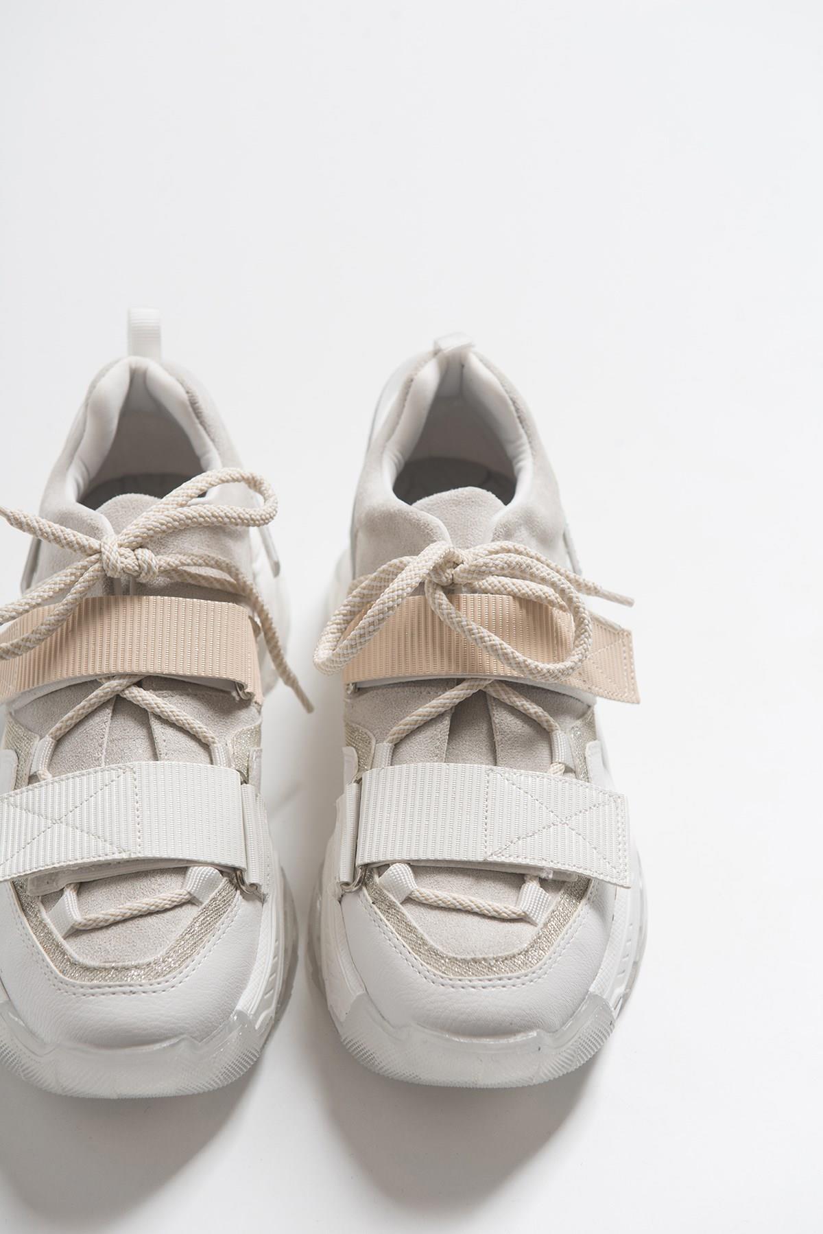 Lulen - White Glitter-Logo Velcro Sport Sneaker – detail view showing leather, glitter, white, Vowalisse