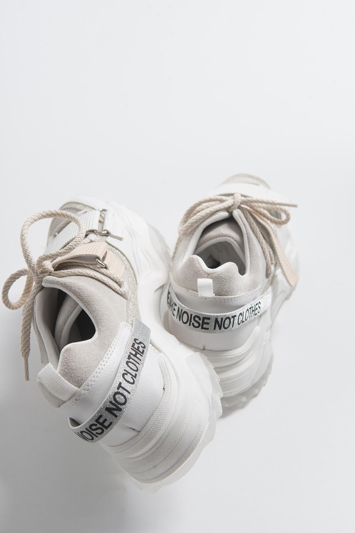 Lulen - White Glitter-Logo Velcro Sport Sneaker – heel view showing leather, glitter, white, Vowalisse