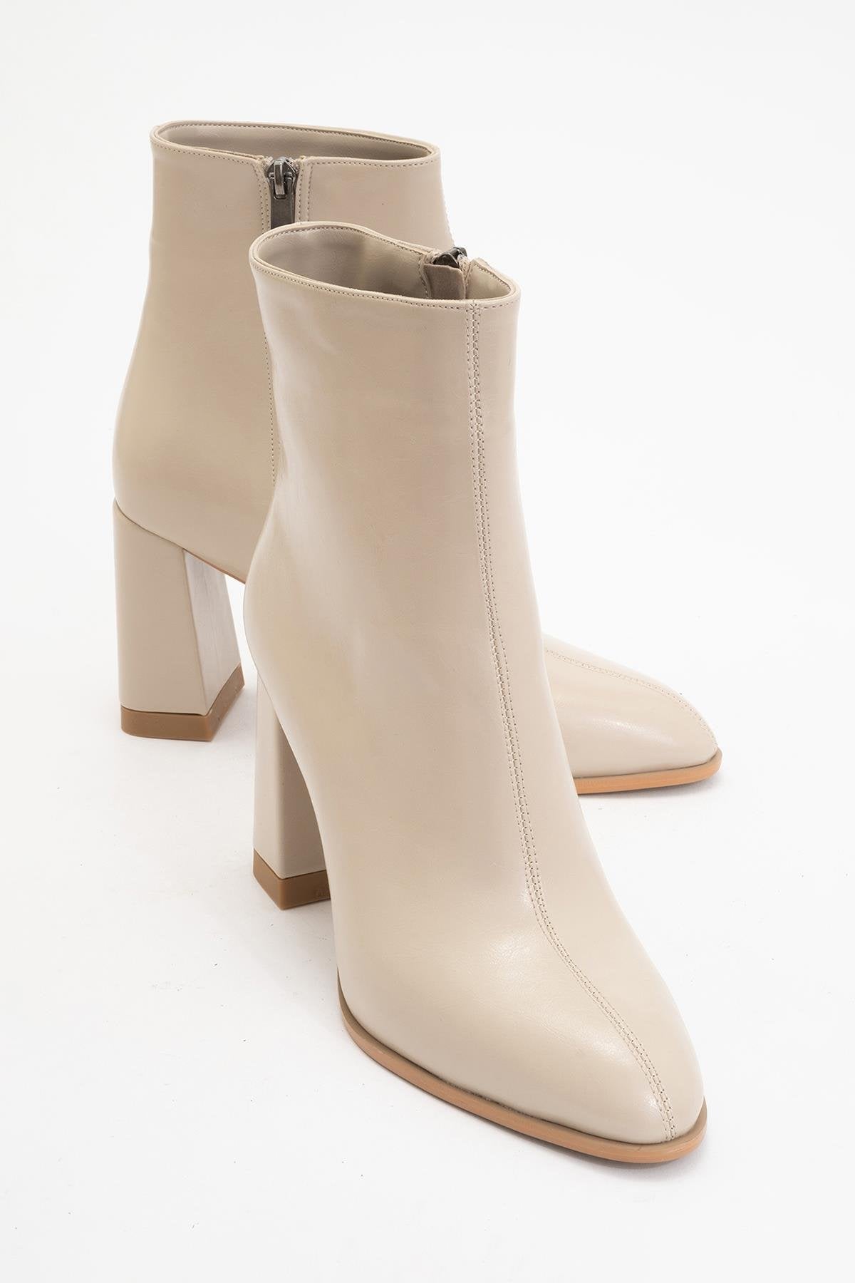 Jewel Beige Cilt High Heel Boot – front three-quarter view showing leather, red, Vowalisse
