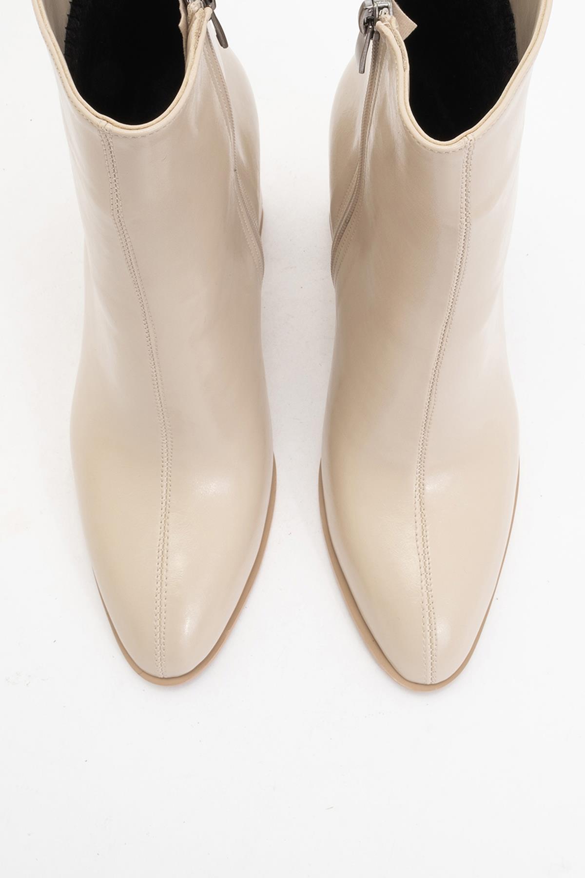 Jewel Beige Cilt High Heel Boot – detail view showing leather, red, Vowalisse