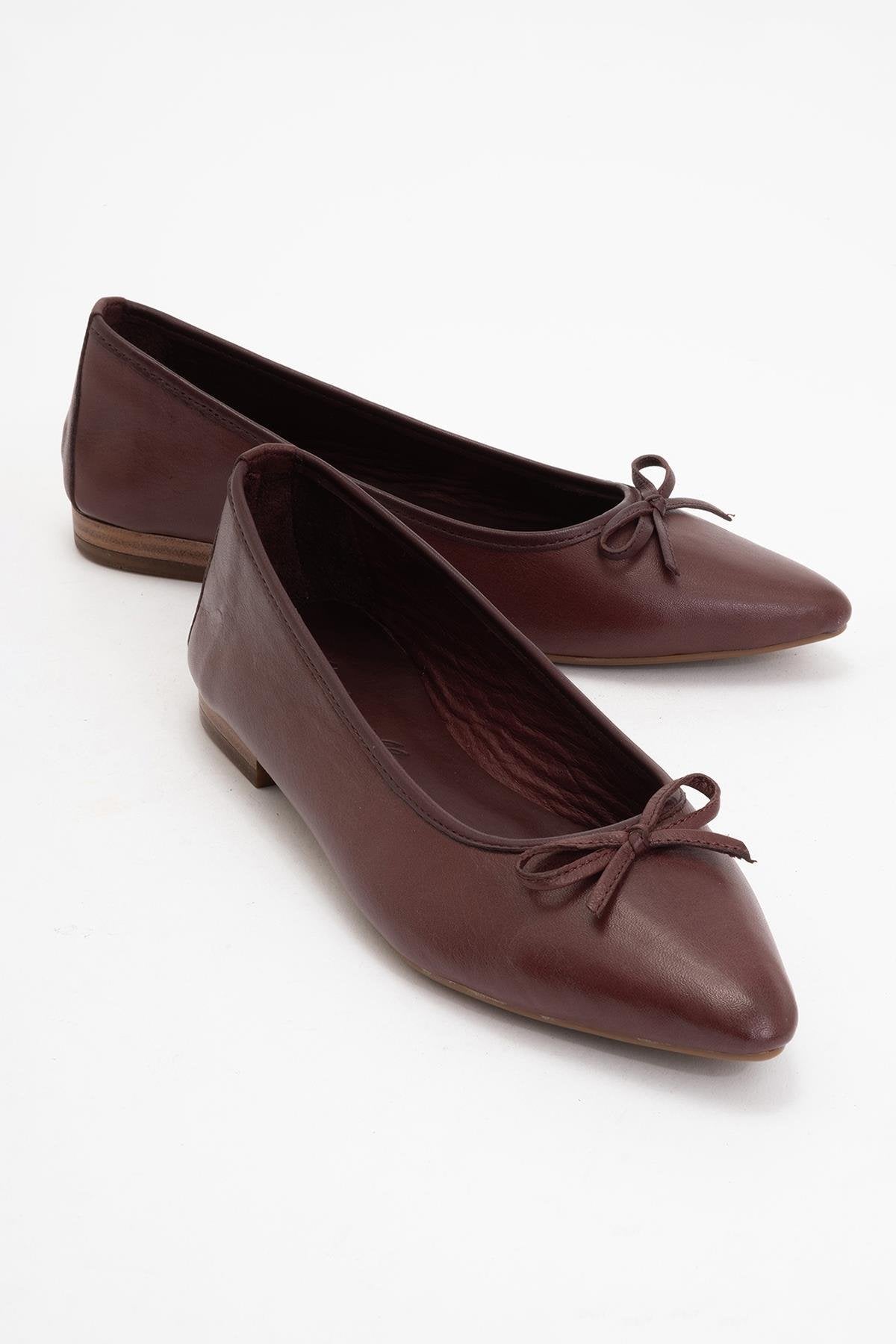 Ruby - Burgundy Brown Pointed Toe Leather Flats – front three-quarter view showing bow, leather, Vowalisse