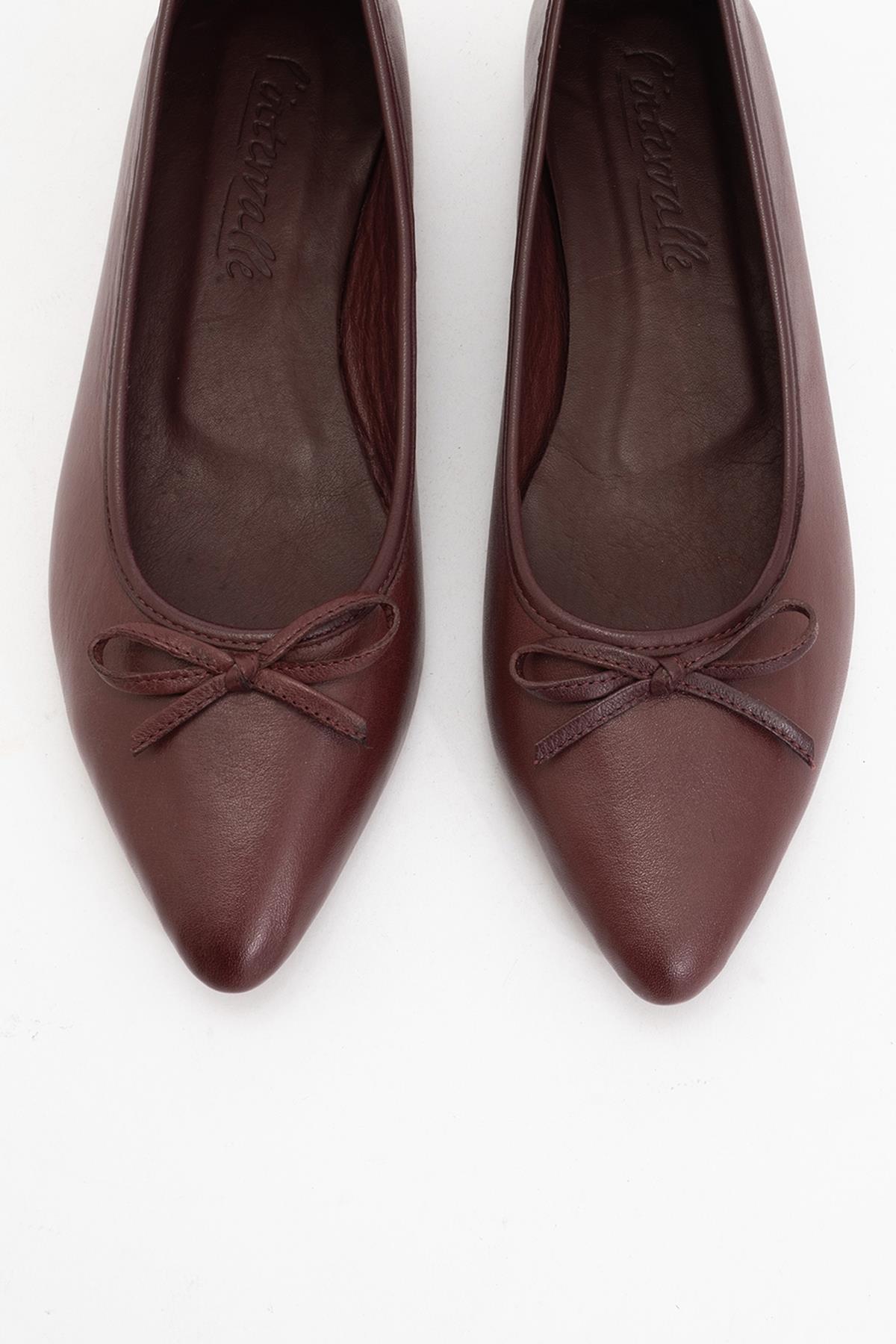 Ruby - Burgundy Brown Pointed Toe Leather Flats – side view showing bow, leather, Vowalisse