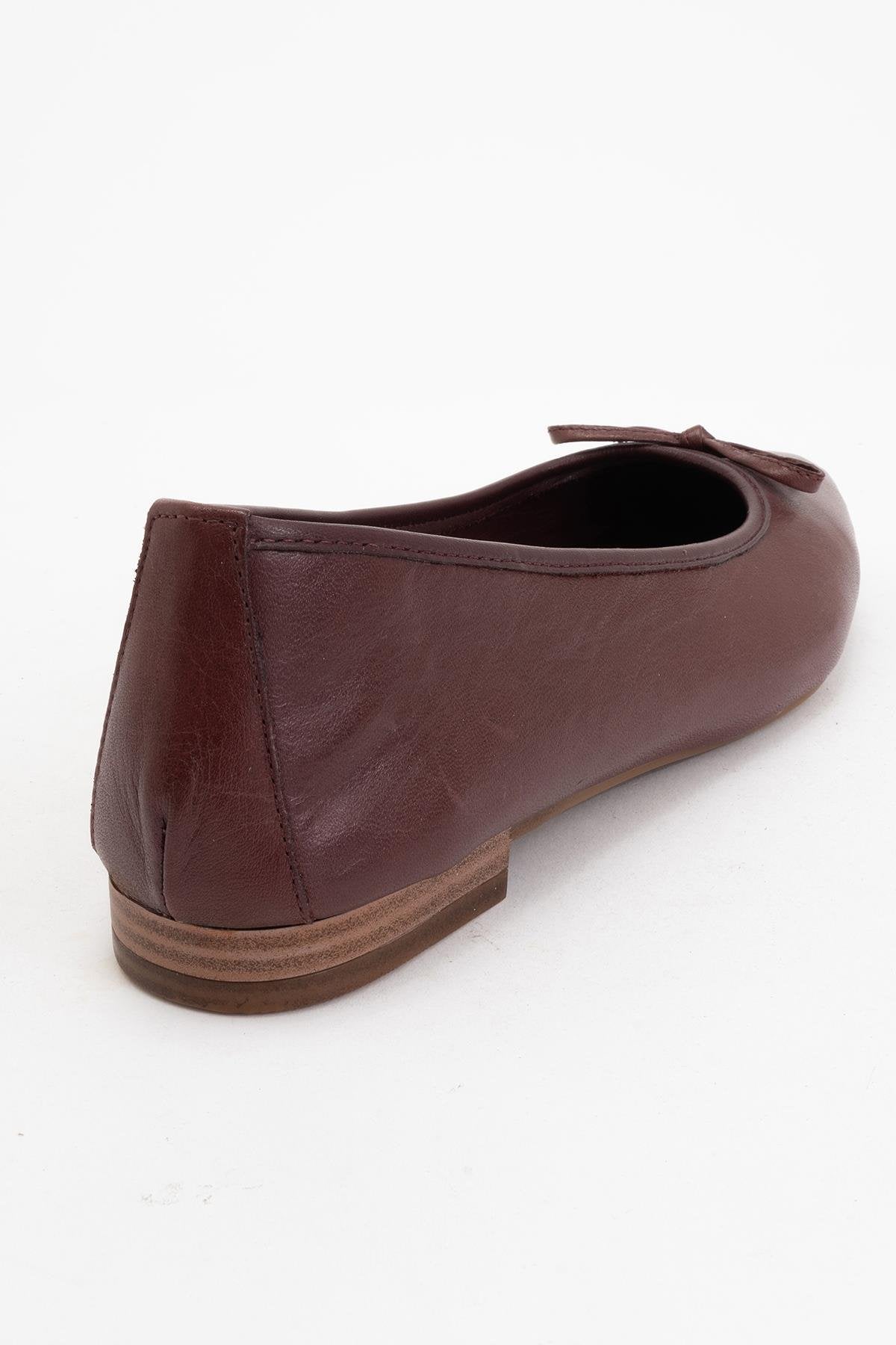 Ruby - Burgundy Brown Pointed Toe Leather Flats – detail view showing bow, leather, Vowalisse
