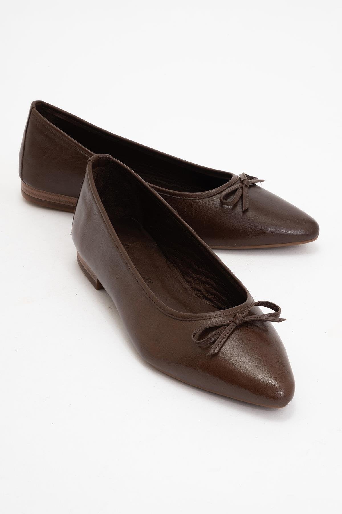 Ruby - Dark Brown Pointed Toe Leather Flats – front three-quarter view showing bow, leather, Vowalisse