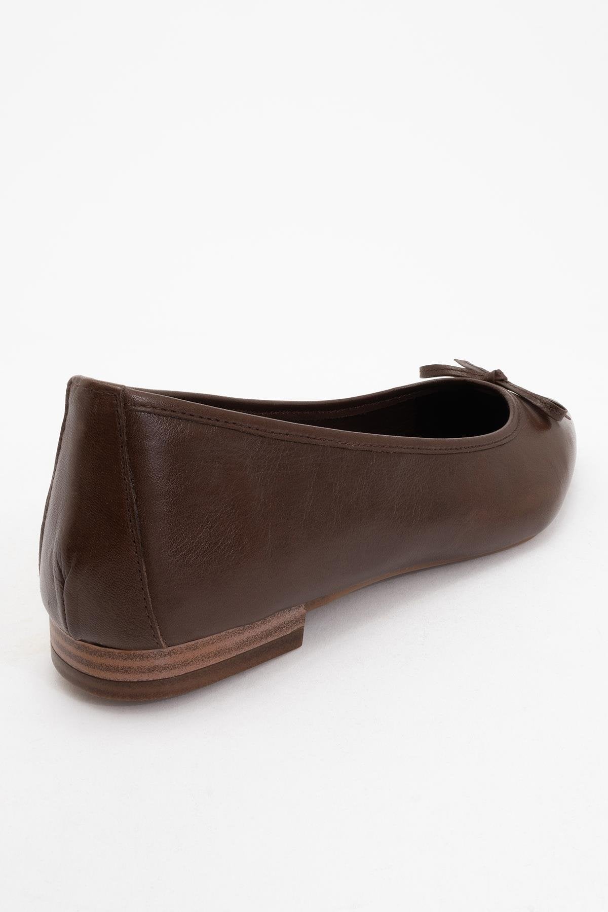 Ruby - Dark Brown Pointed Toe Leather Flats – heel view showing bow, leather, Vowalisse