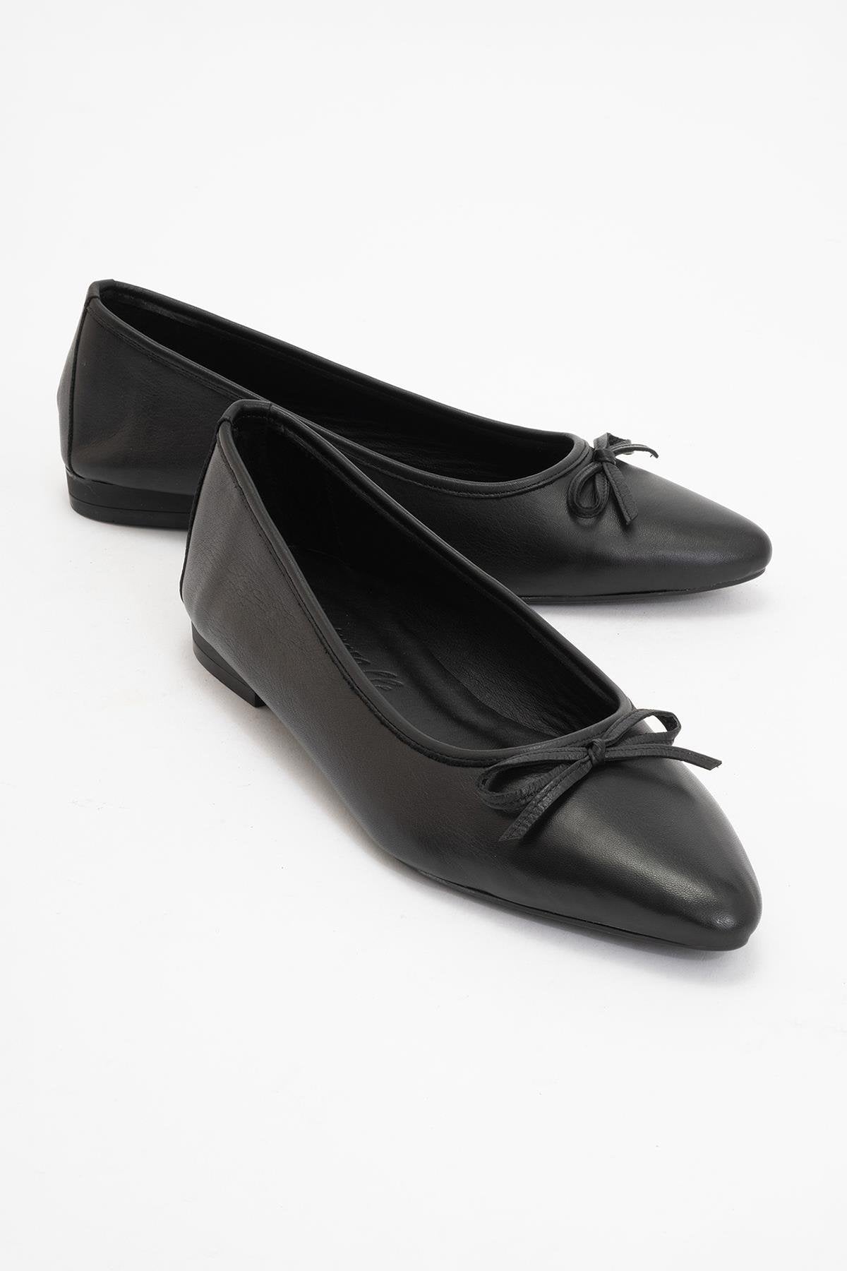 Ruby - Black Pointed Toe Leather Flats – front three-quarter view showing bow, leather, black, Vowalisse