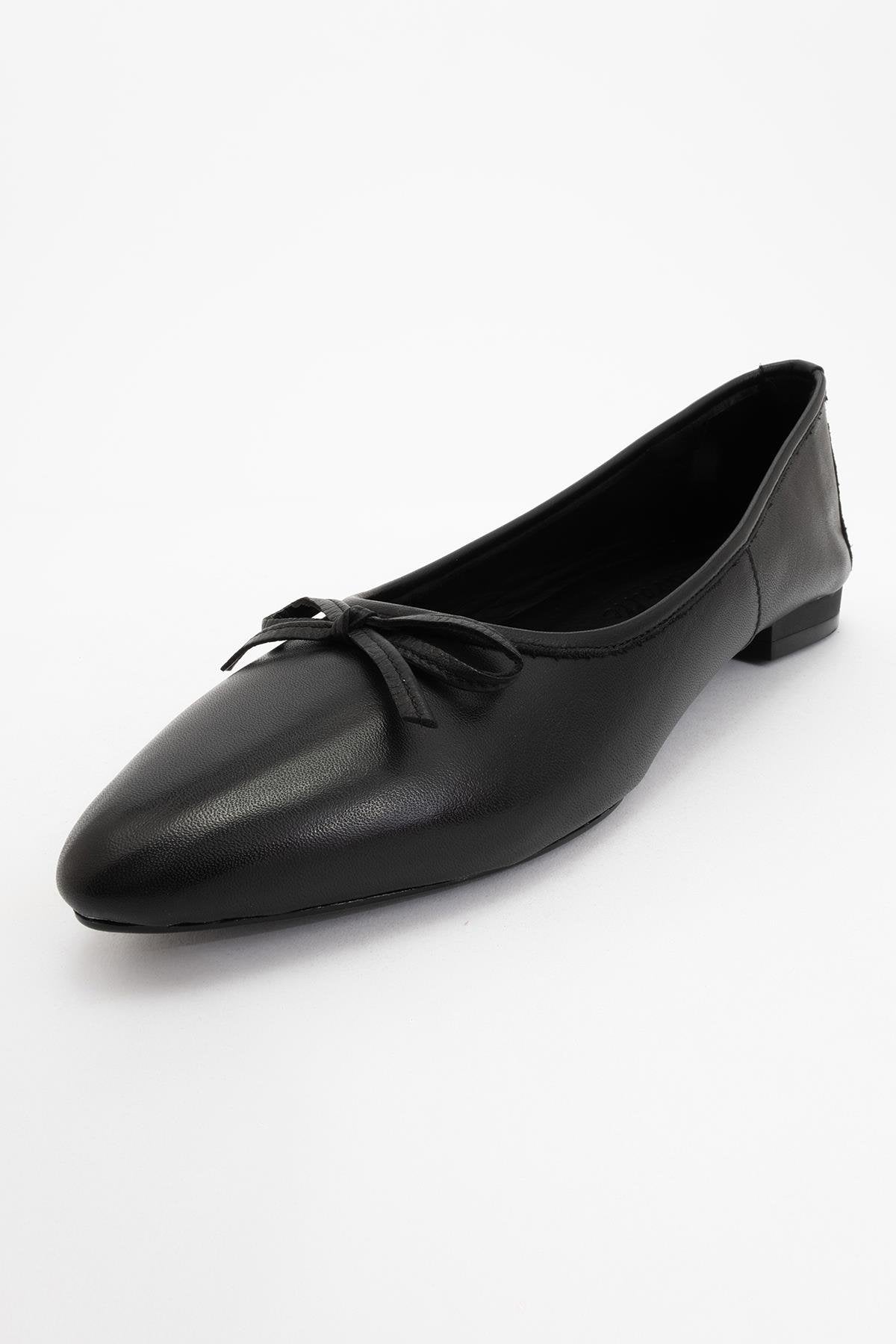 Ruby - Black Pointed Toe Leather Flats – detail view showing bow, leather, black, Vowalisse