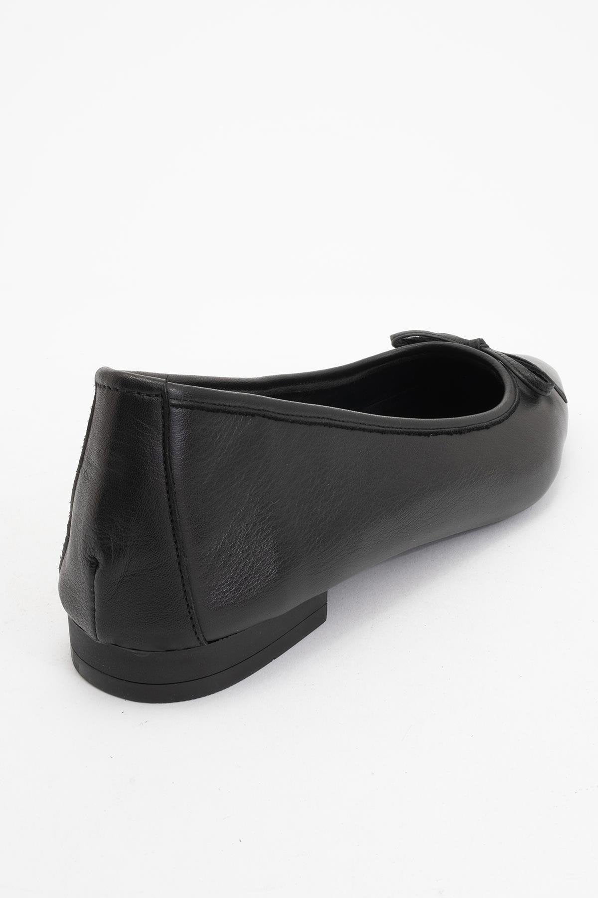 Ruby - Black Pointed Toe Leather Flats – heel view showing bow, leather, black, Vowalisse