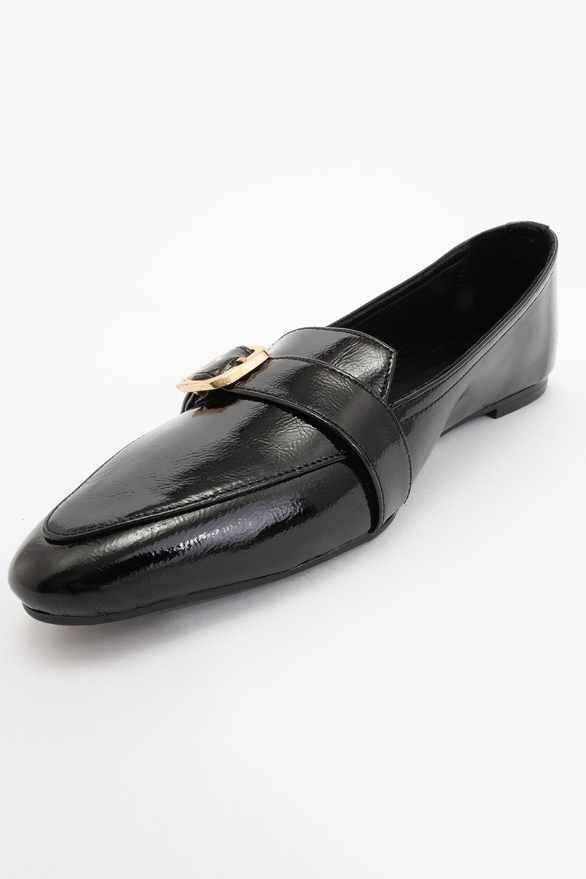 Zarina - Black Patent Pointed Toe Flats – detail view showing leather, black, gold, Vowalisse
