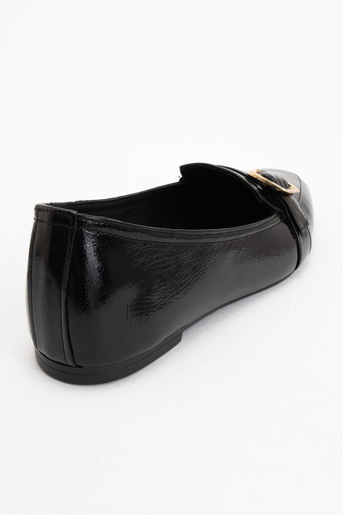 Zarina - Black Patent Pointed Toe Flats – heel view showing leather, black, gold, Vowalisse