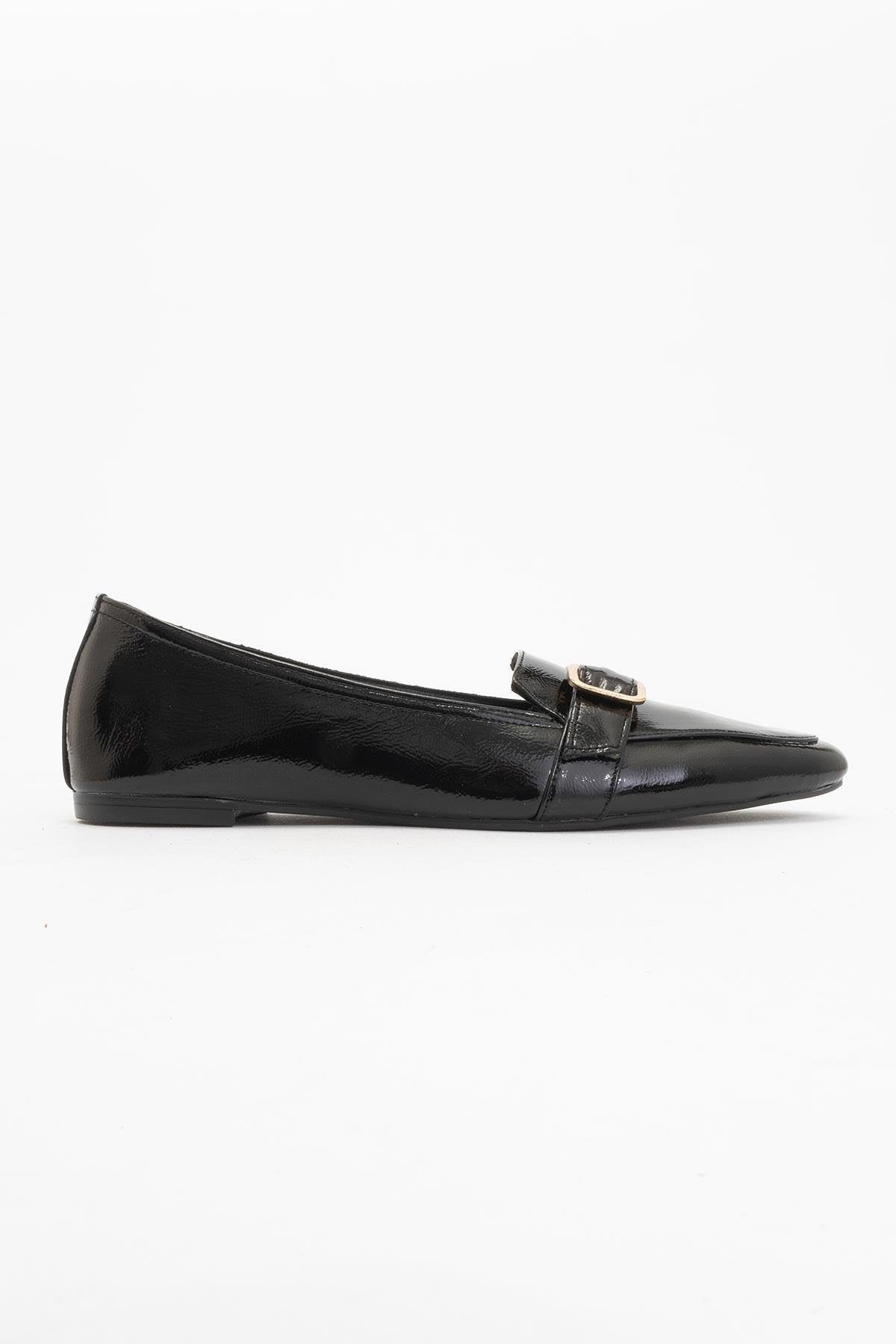 Zarina - Black Patent Pointed Toe Flats – back view showing leather, black, gold, Vowalisse