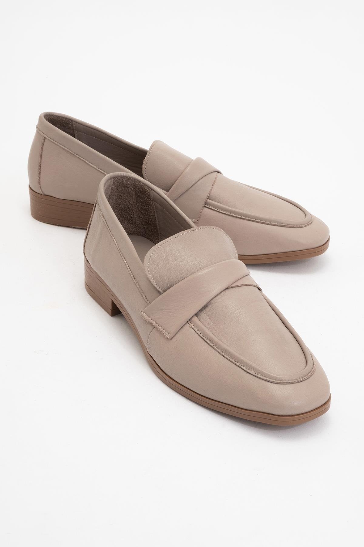 Splice - Dark Beige Leather Loafers – front three-quarter view showing leather, Vowalisse