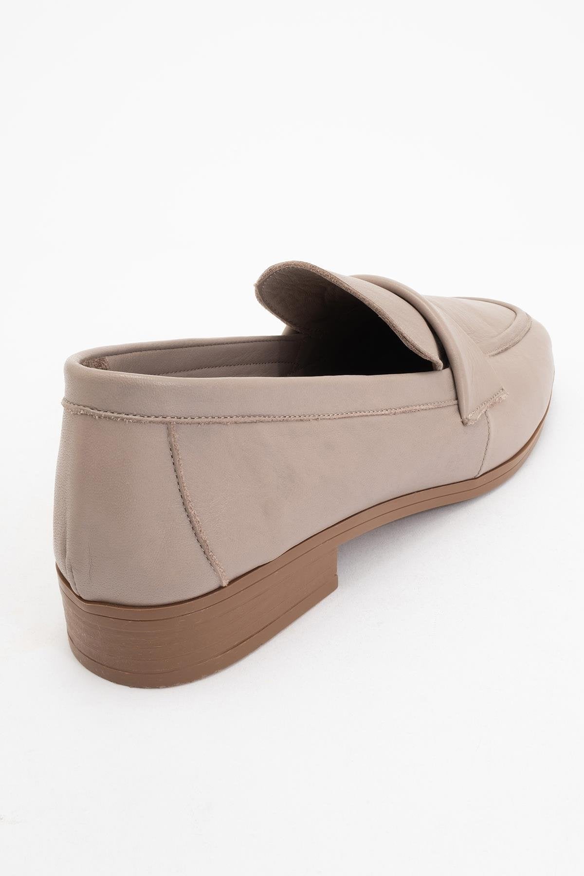 Splice - Dark Beige Leather Loafers – heel view showing leather, Vowalisse