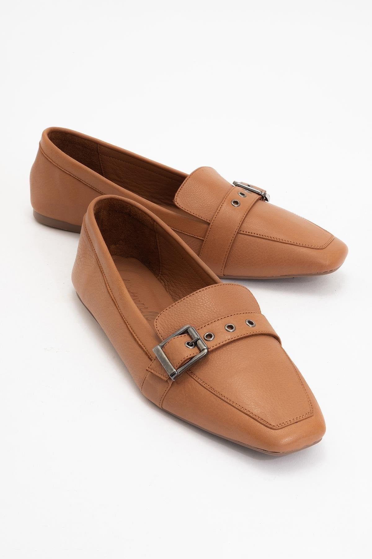 Periwinkle - Cognac Brown Leather Loafers – front three-quarter view showing leather, red, Vowalisse