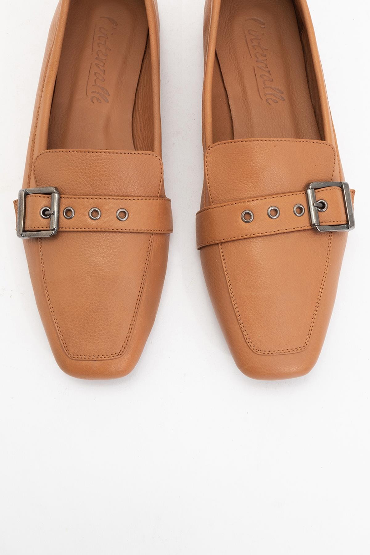 Periwinkle - Cognac Brown Leather Loafers – side view showing leather, red, Vowalisse