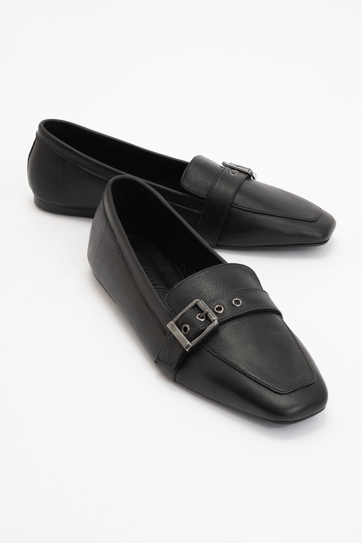Periwinkle - Black Leather Loafers – front three-quarter view showing leather, black, red, Vowalisse