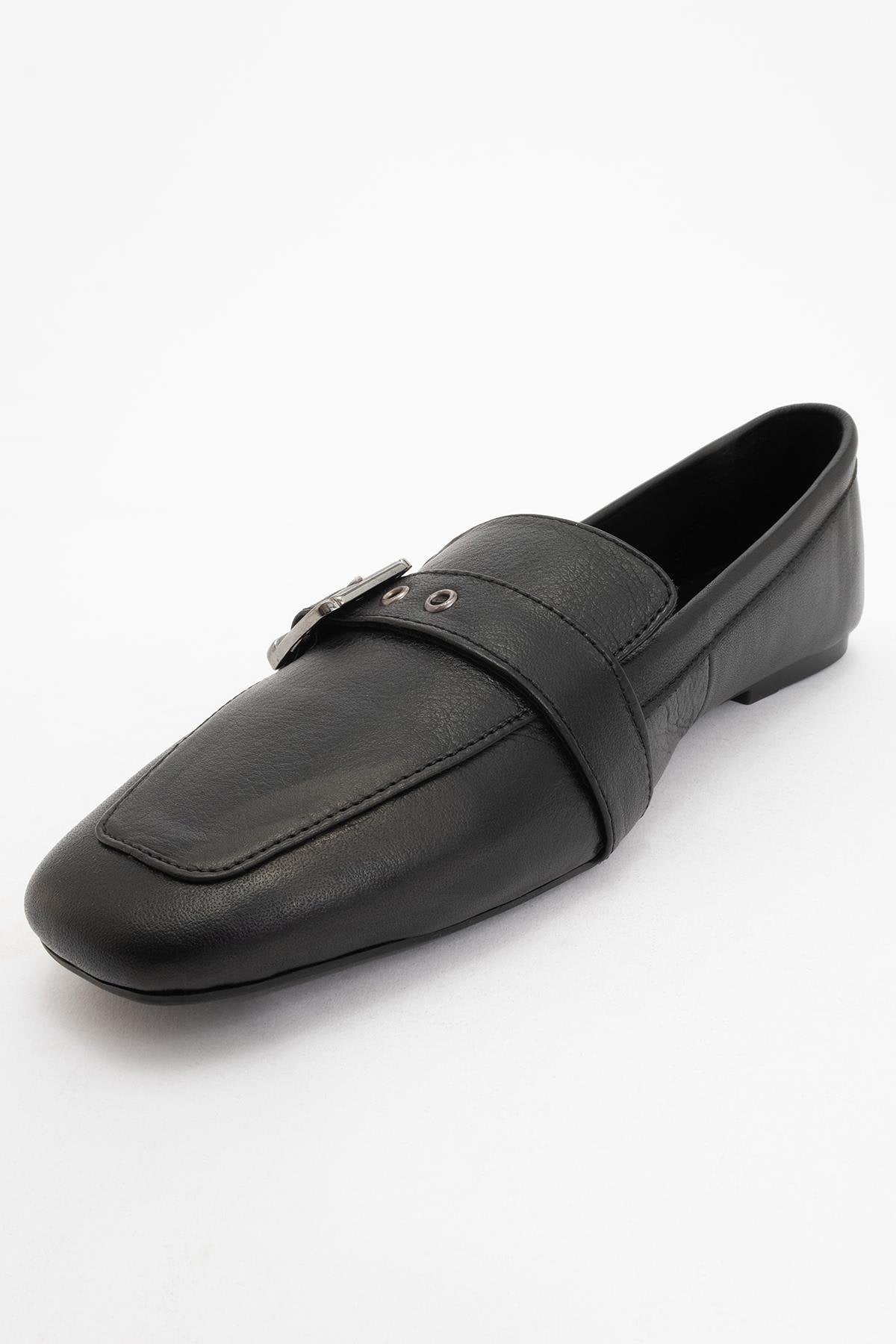 Periwinkle - Black Leather Loafers – detail view showing leather, black, red, Vowalisse