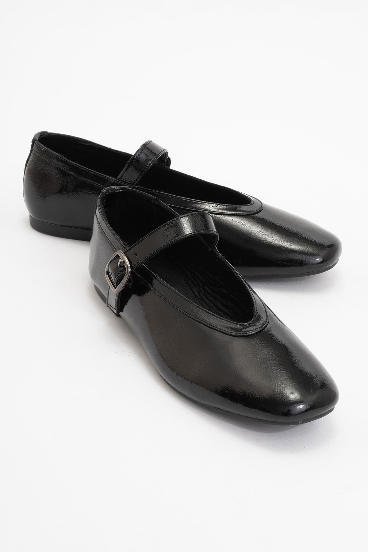 Matilda - Black Patent Leather Mary Jane Flats – front three-quarter view showing leather, black, Vowalisse