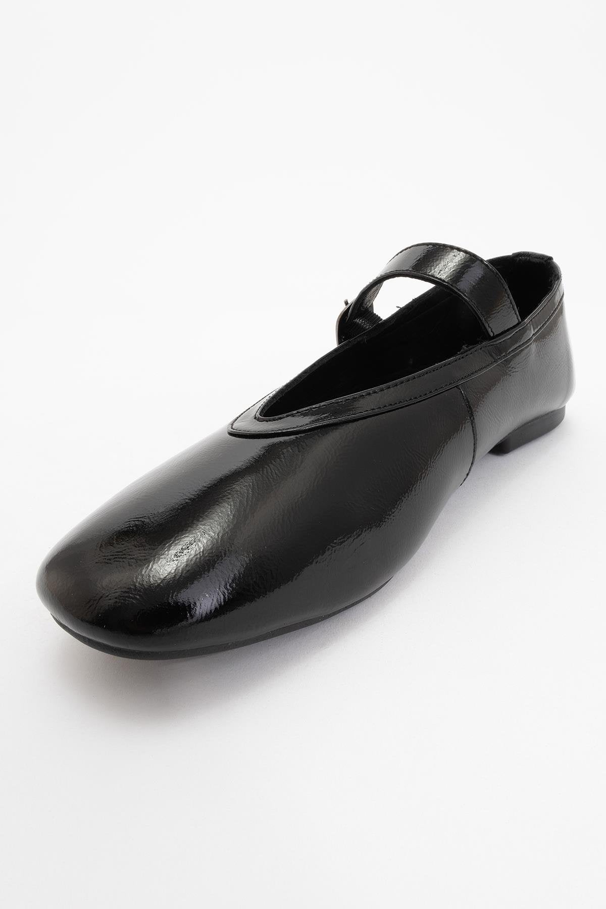 Matilda - Black Patent Leather Mary Jane Flats – detail view showing leather, black, Vowalisse