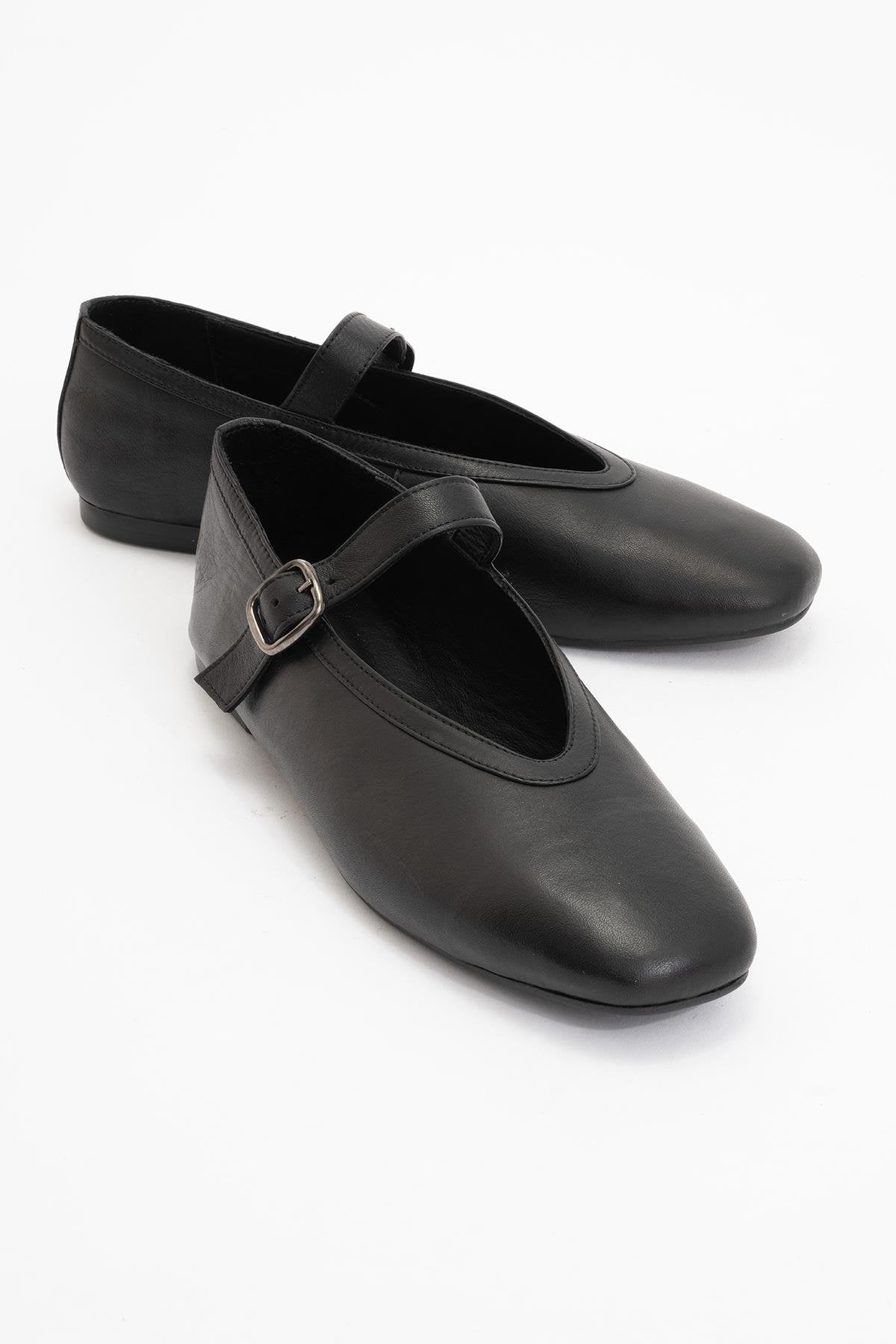 Matilda - Black Leather Mary Jane Flats – front three-quarter view showing leather, black, Vowalisse