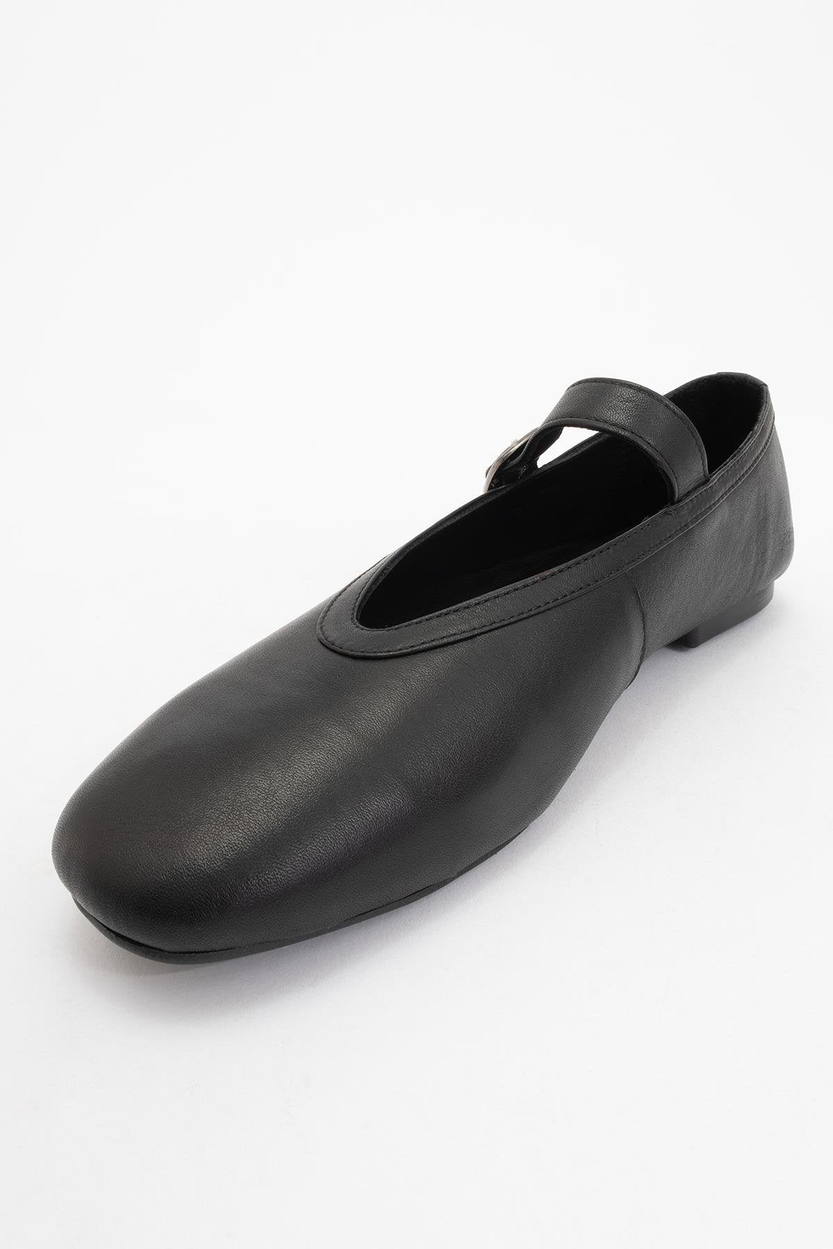 Matilda - Black Leather Mary Jane Flats – detail view showing leather, black, Vowalisse