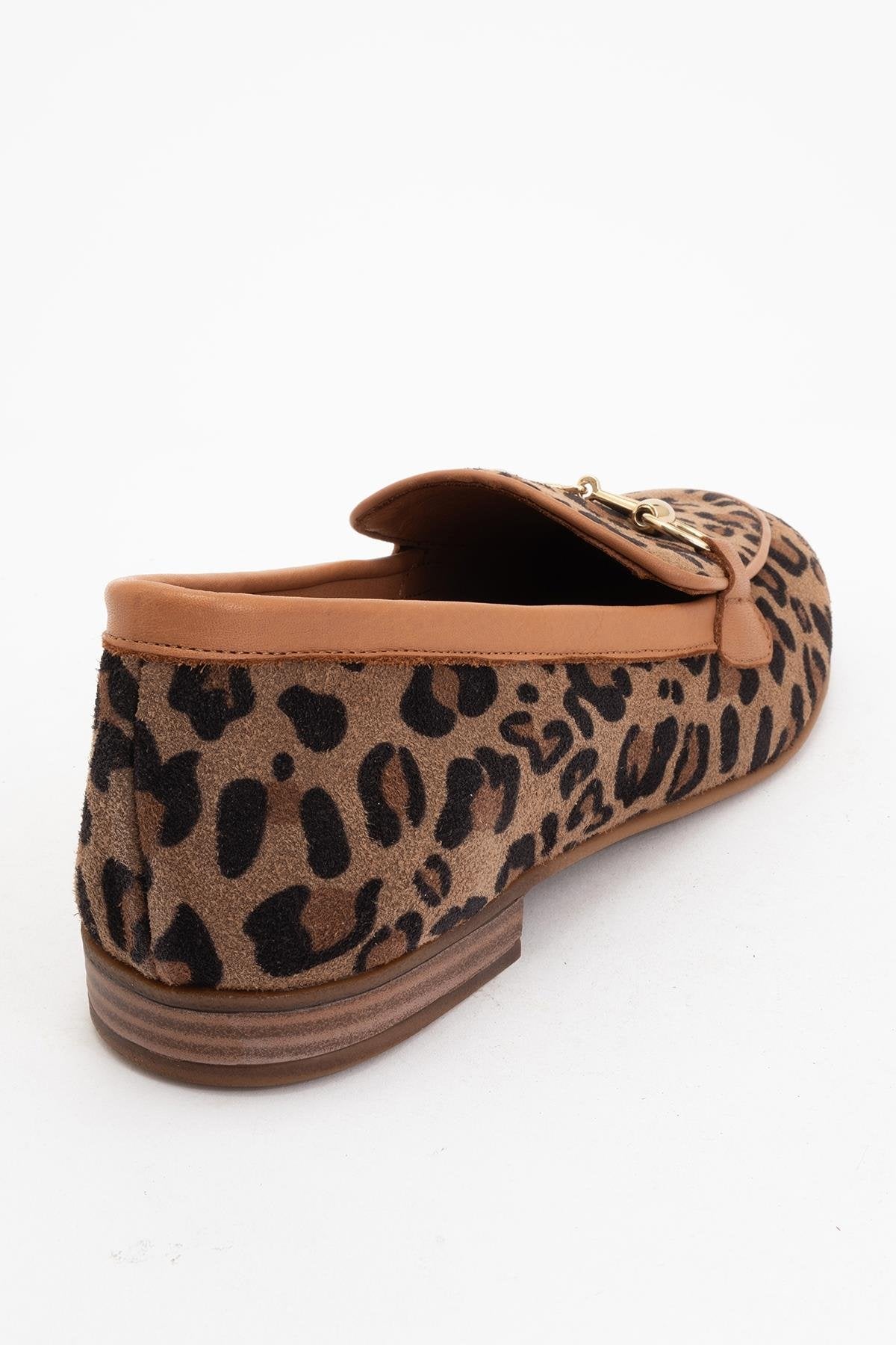 Rory - Leopard Suede Leather Bit Loafers – heel view showing leather, suede, Vowalisse