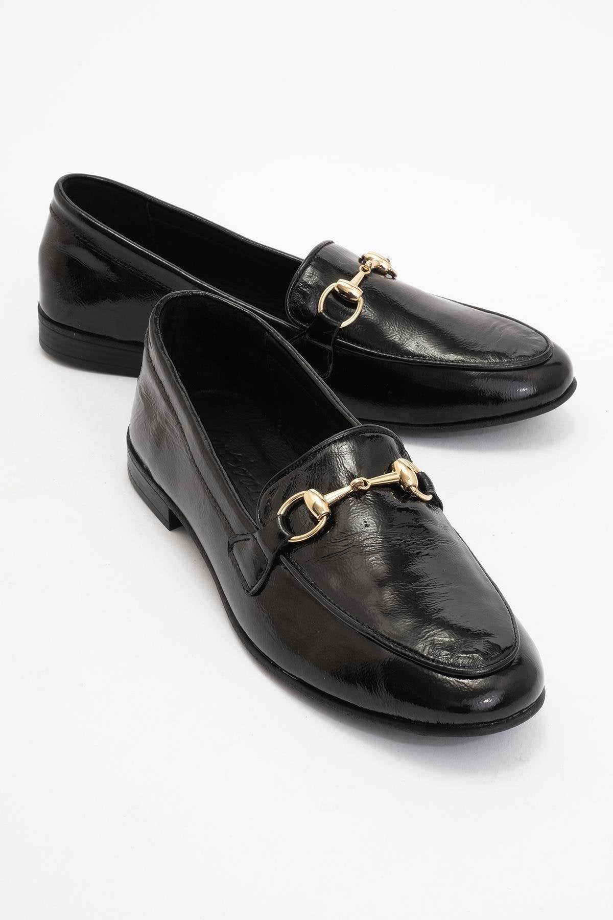 Rory - Black Patent Leather Bit Loafers – front three-quarter view showing leather, suede, black, Vowalisse