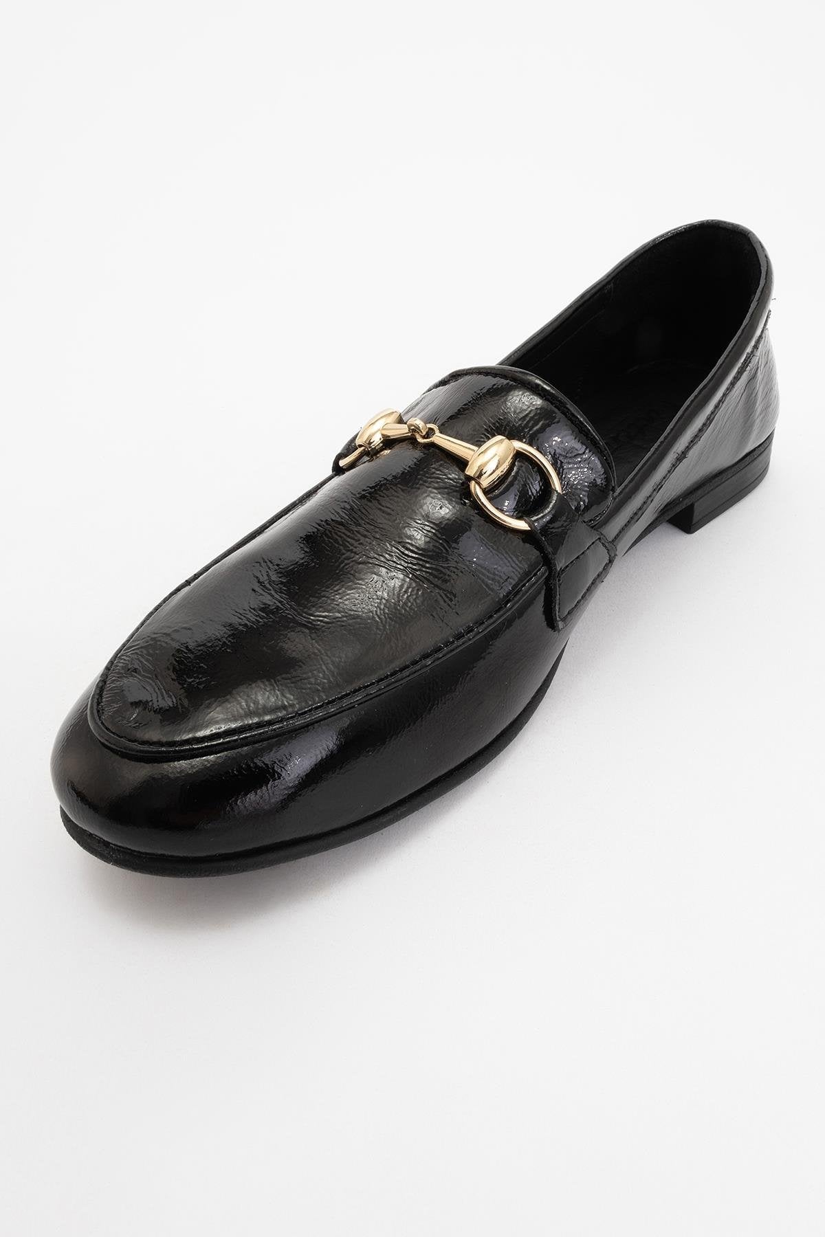 Rory - Black Patent Leather Bit Loafers – detail view showing leather, suede, black, Vowalisse